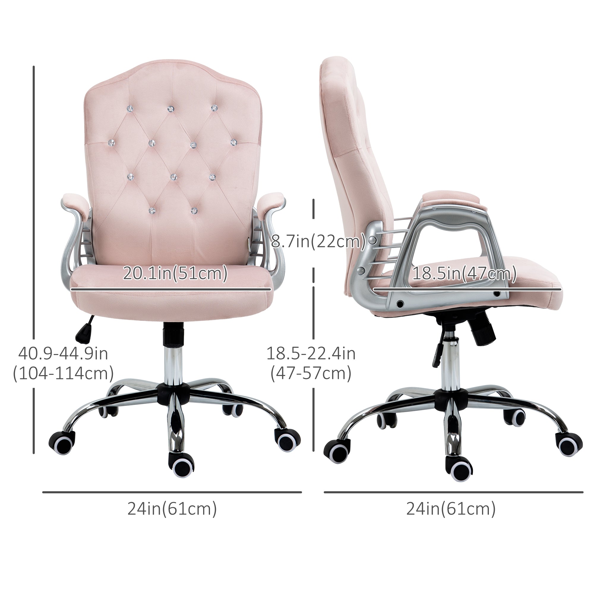 Vinsetto Office Chair, Velvet Computer Chair, Button Tufted Desk Chair with Swivel Wheels, Adjustable Height, Tilt Function, Pink