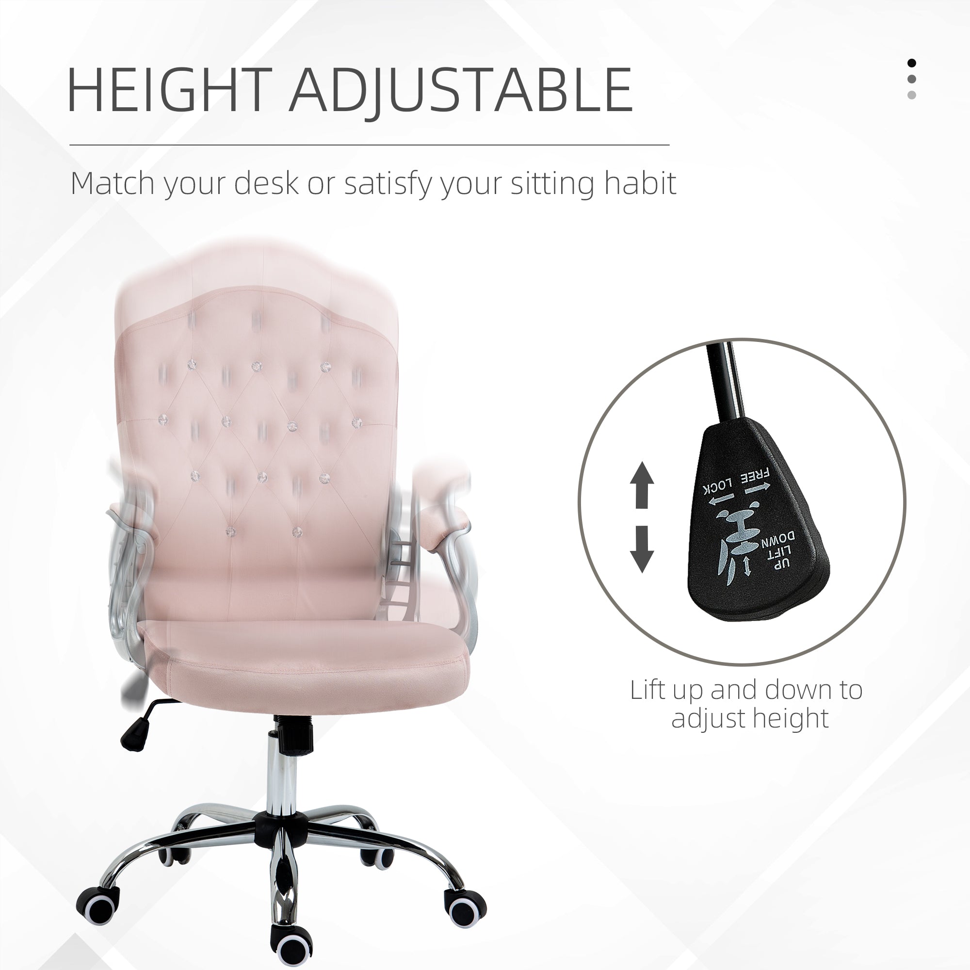 Vinsetto Office Chair, Velvet Computer Chair, Button Tufted Desk Chair with Swivel Wheels, Adjustable Height, Tilt Function, Pink