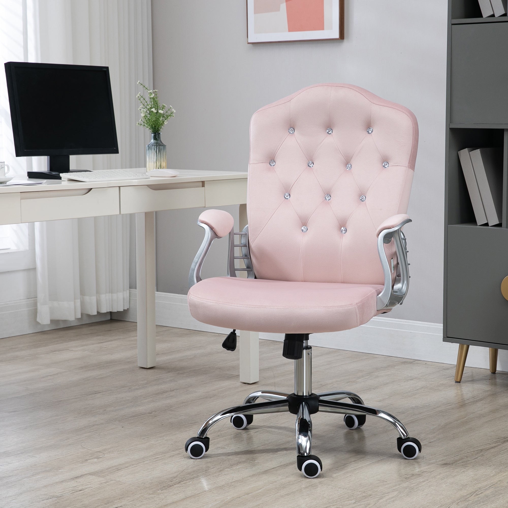 Vinsetto Office Chair, Velvet Computer Chair, Button Tufted Desk Chair with Swivel Wheels, Adjustable Height, Tilt Function, Pink