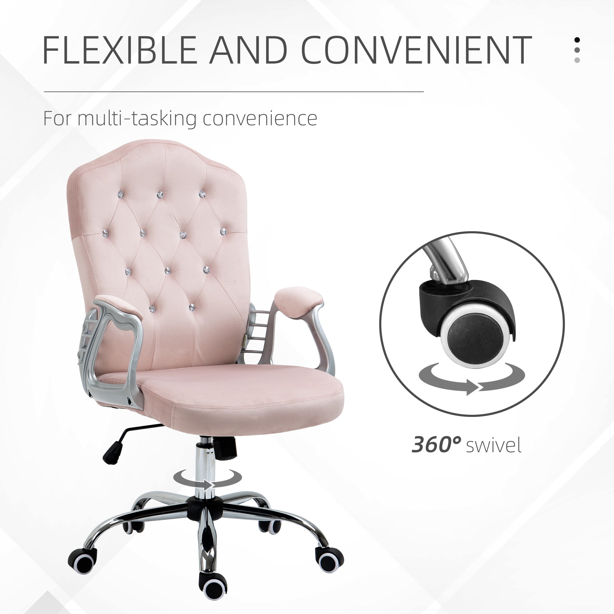 Vinsetto Office Chair, Velvet Computer Chair, Button Tufted Desk Chair with Swivel Wheels, Adjustable Height, Tilt Function, Pink