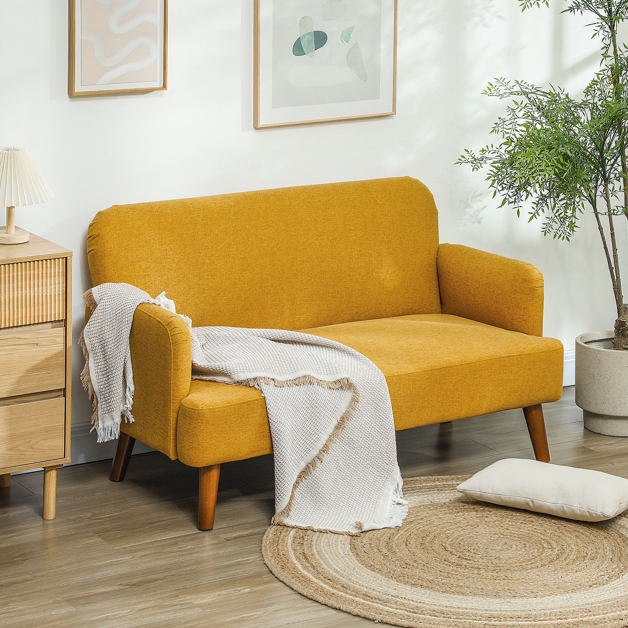 HOMCOM 2 Seater Sofa, Small Sofa Couch with 21cm Thick Padding and Wood Legs, Modern Velvet Feel Fabric Loveseat for Living Room, Bedroom, Home Office, Yellow