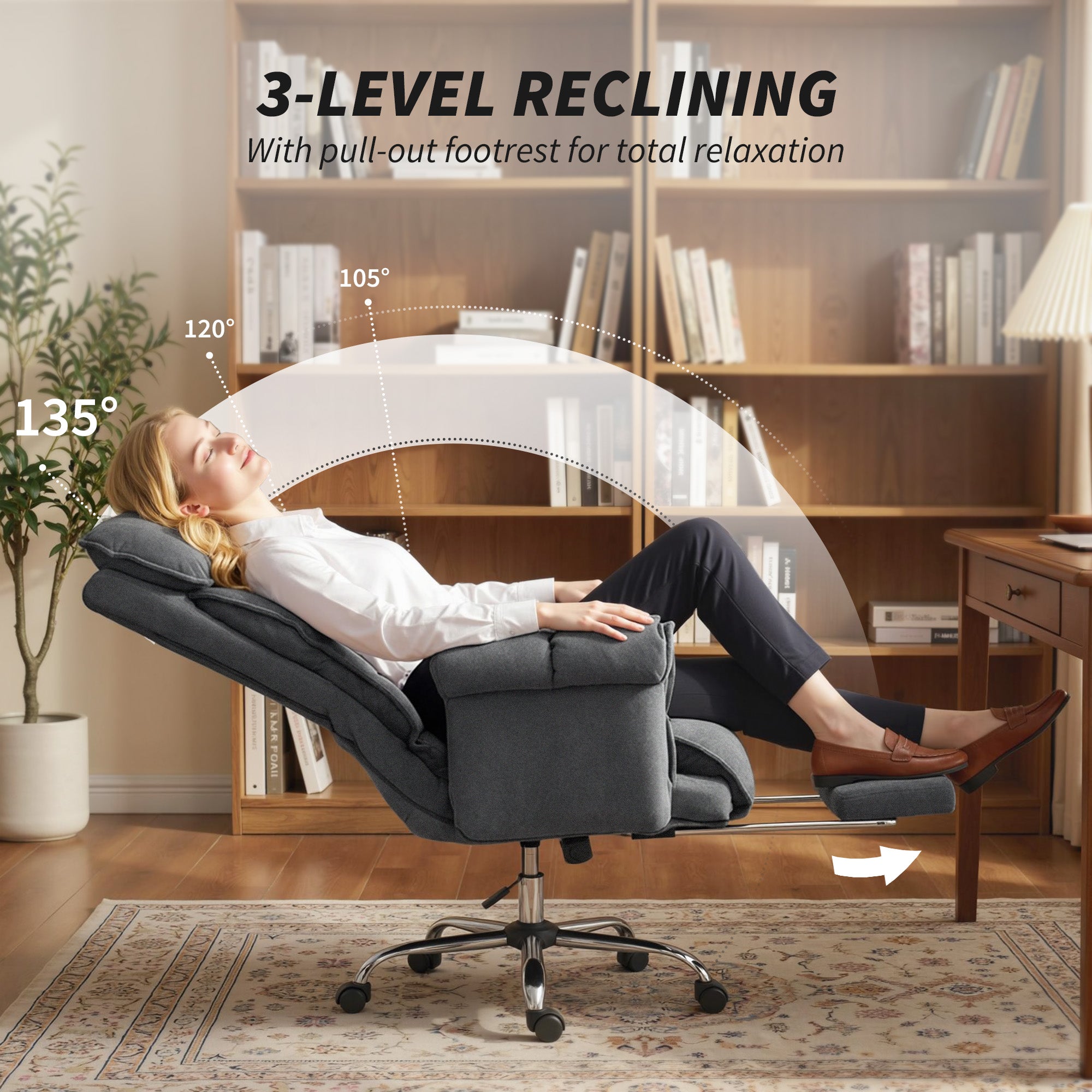 Executive Office Chair with Footrest, Reclining Swivel Computer Desk Chair with High Back, Double-layer Padding, Headrest, Adjustable Height, Rolling Wheels, Dark Grey