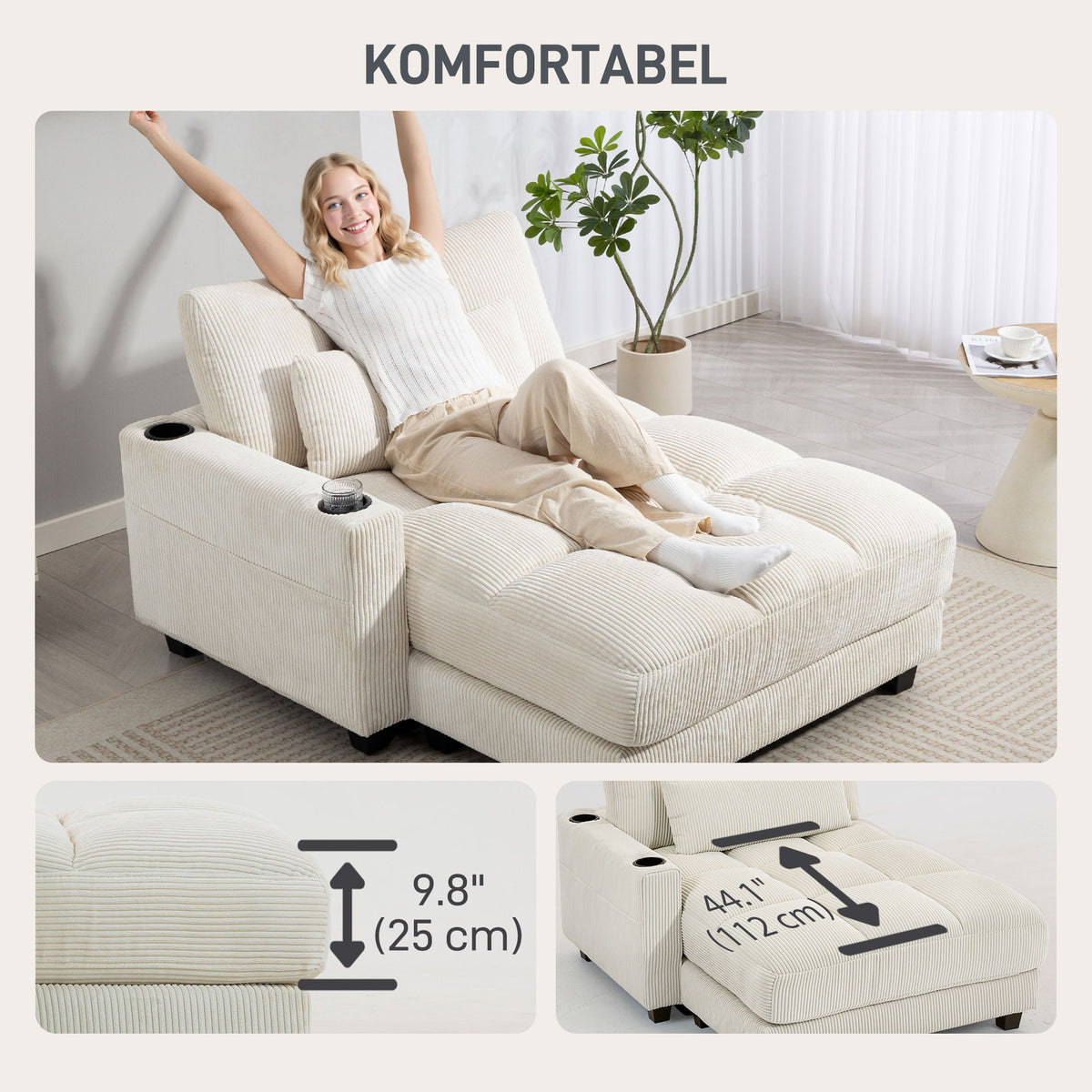 58" Chaise Lounge Chair Indoor, Oversized Corduroy Upholstered Sofa Bed, 2 Cup Holders, Pillow, Deep Seat Sleeper Couch Reading Chair for Living Room, Bedroom, Cream White