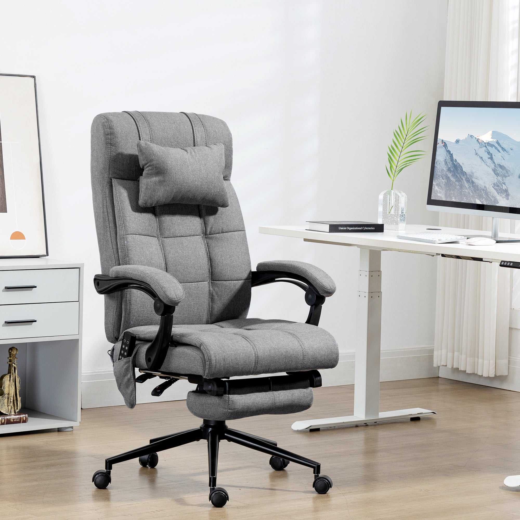 Vinsetto Office Chair, 6 Point Massage Desk Chair, Computer Chair with Footrest & Head Pillow, 360° Swivel Recliner Chair for Home Office, Grey