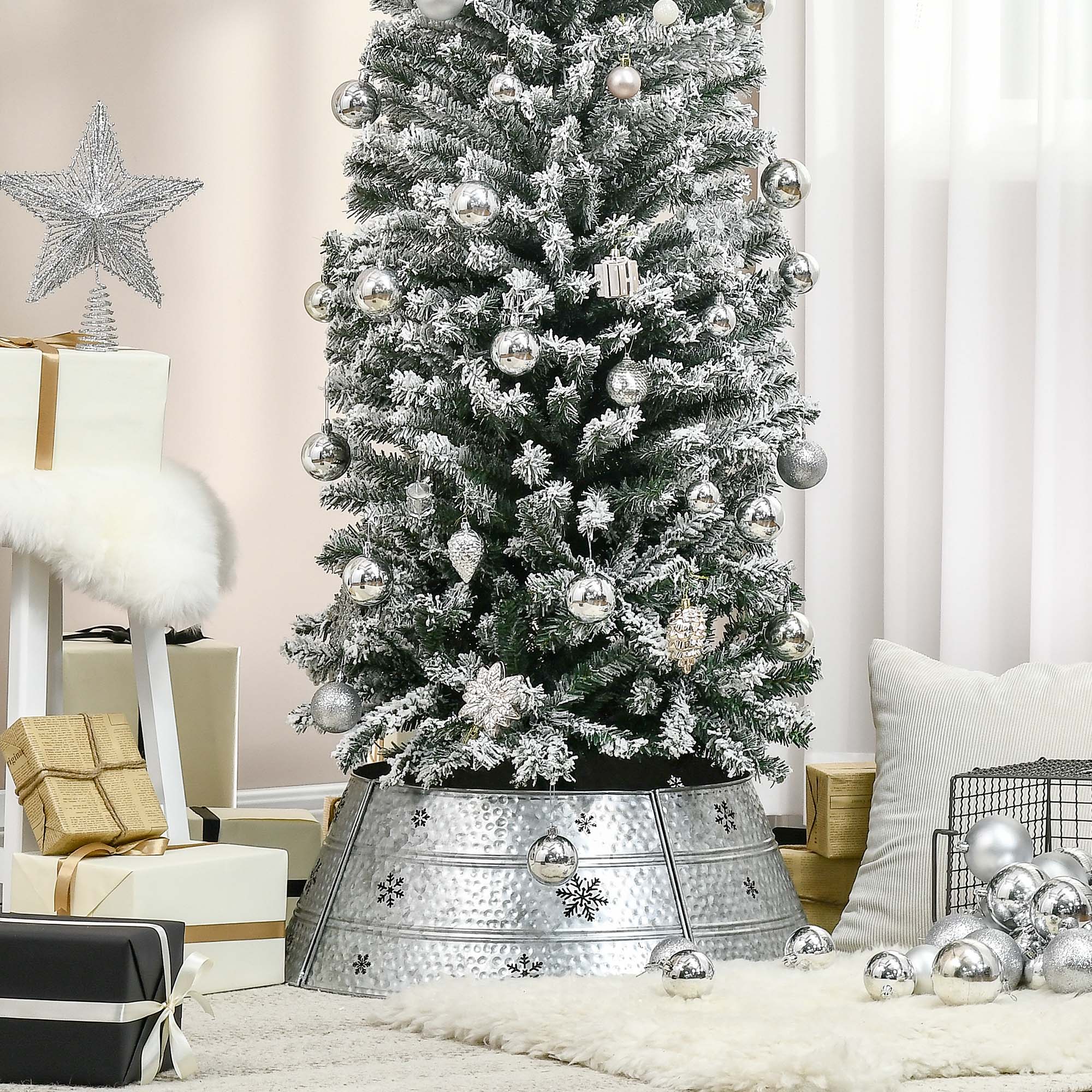 HOMCOM Christmas Tree Collar, 26" Christmas Tree Base Cover with Hollow Snowflake Patterns, Xmas Decoration for Party, Holiday, Home, Silver
