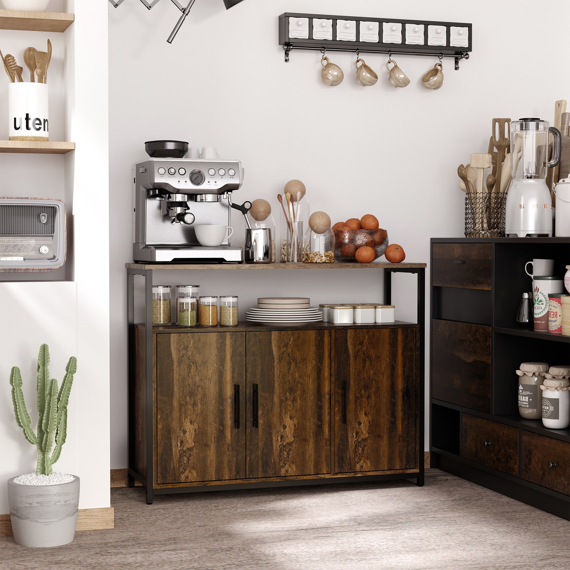 Industrial Sideboard Buffet Cabinet Kitchen Cabinet with Adjustable Shelves Rustic Brown