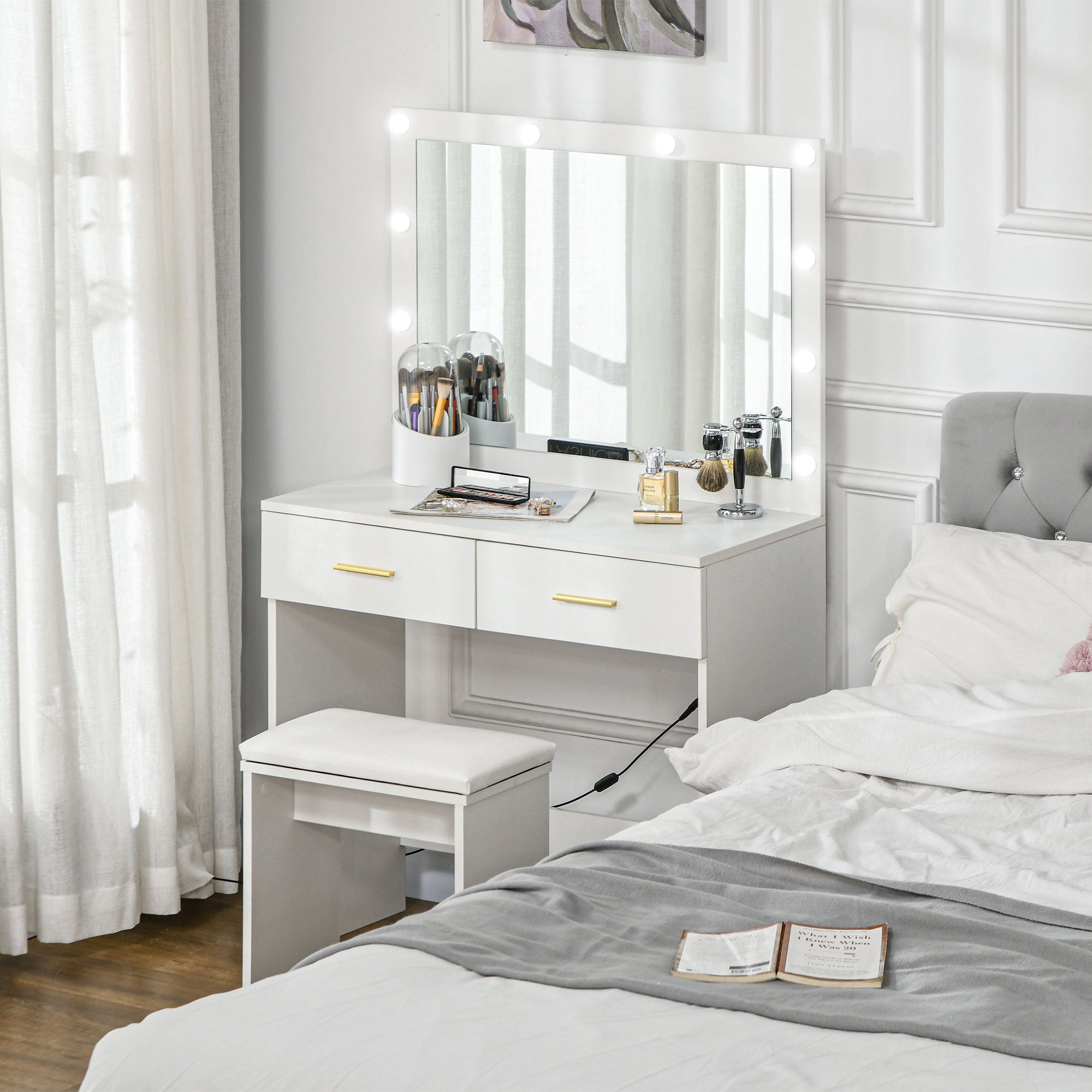 HOMCOM Vanity Set with Lighted Mirror and Stool, Makeup Vanity Desk with Drawers, 2 Lighting Modes, 10 Bulbs, Modern Dressing Table for Bedroom, White