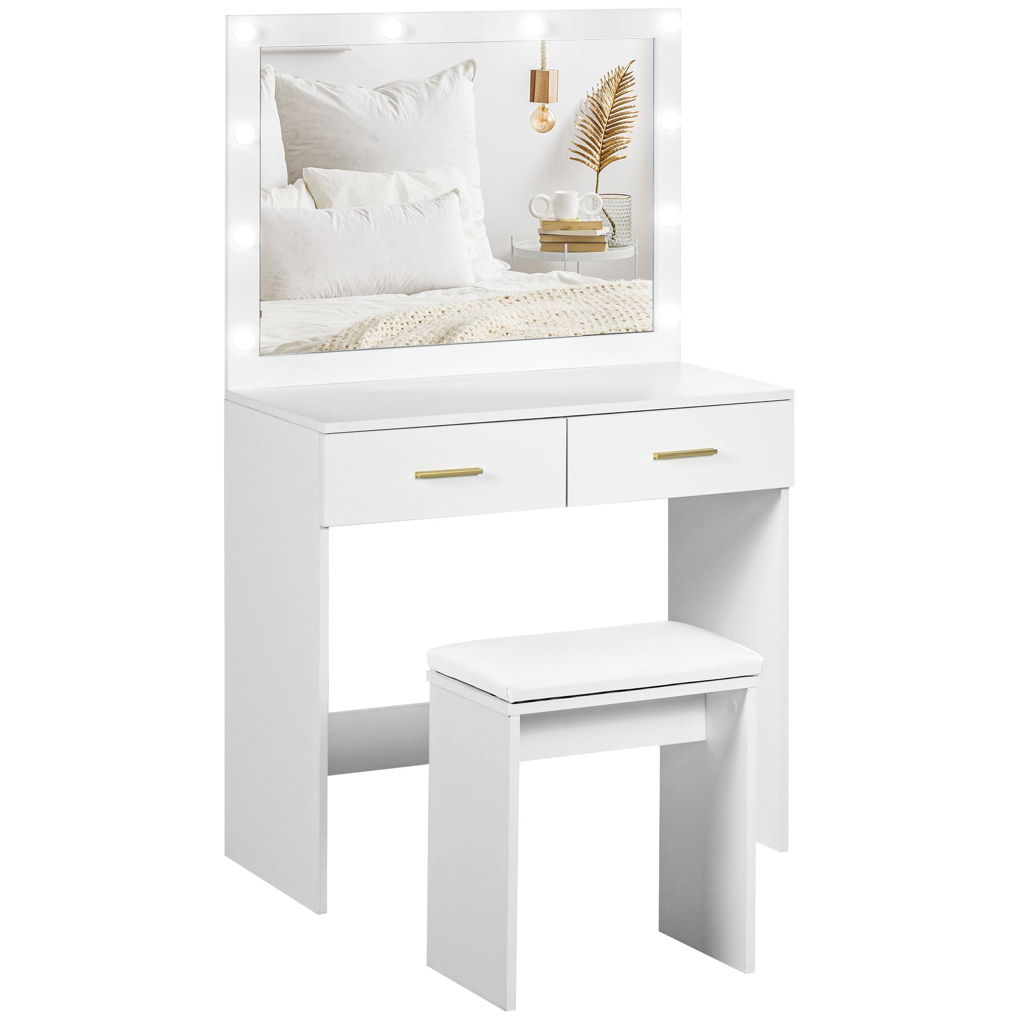 HOMCOM Vanity Set with Lighted Mirror and Stool, Makeup Vanity Desk with Drawers, 2 Lighting Modes, 10 Bulbs, Modern Dressing Table for Bedroom, White