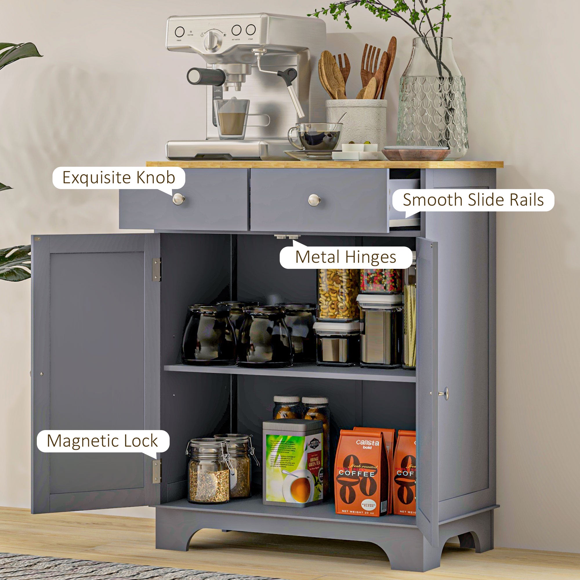 HOMCOM Kitchen Storage Cabinet, Sideboard Buffet Cabinet with Solid Wood Top, Adjustable Shelf, 2 Drawers and 2 Doors, Grey