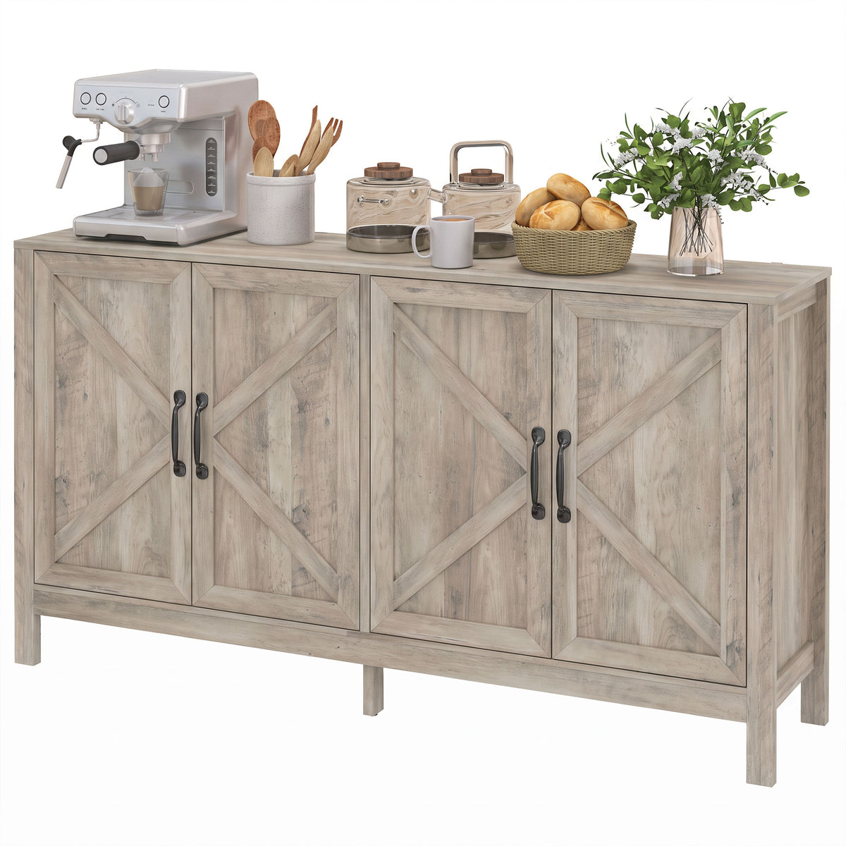 Farmhouse Kitchen Storage Cabinet, Sideboard Buffet Cabinet with 4 Barn Doors and Adjustable Shelves, Light Distressed Grey
