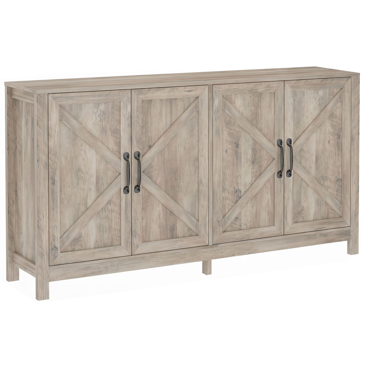 Farmhouse Kitchen Storage Cabinet, Sideboard Buffet Cabinet with 4 Barn Doors and Adjustable Shelves, Light Distressed Grey