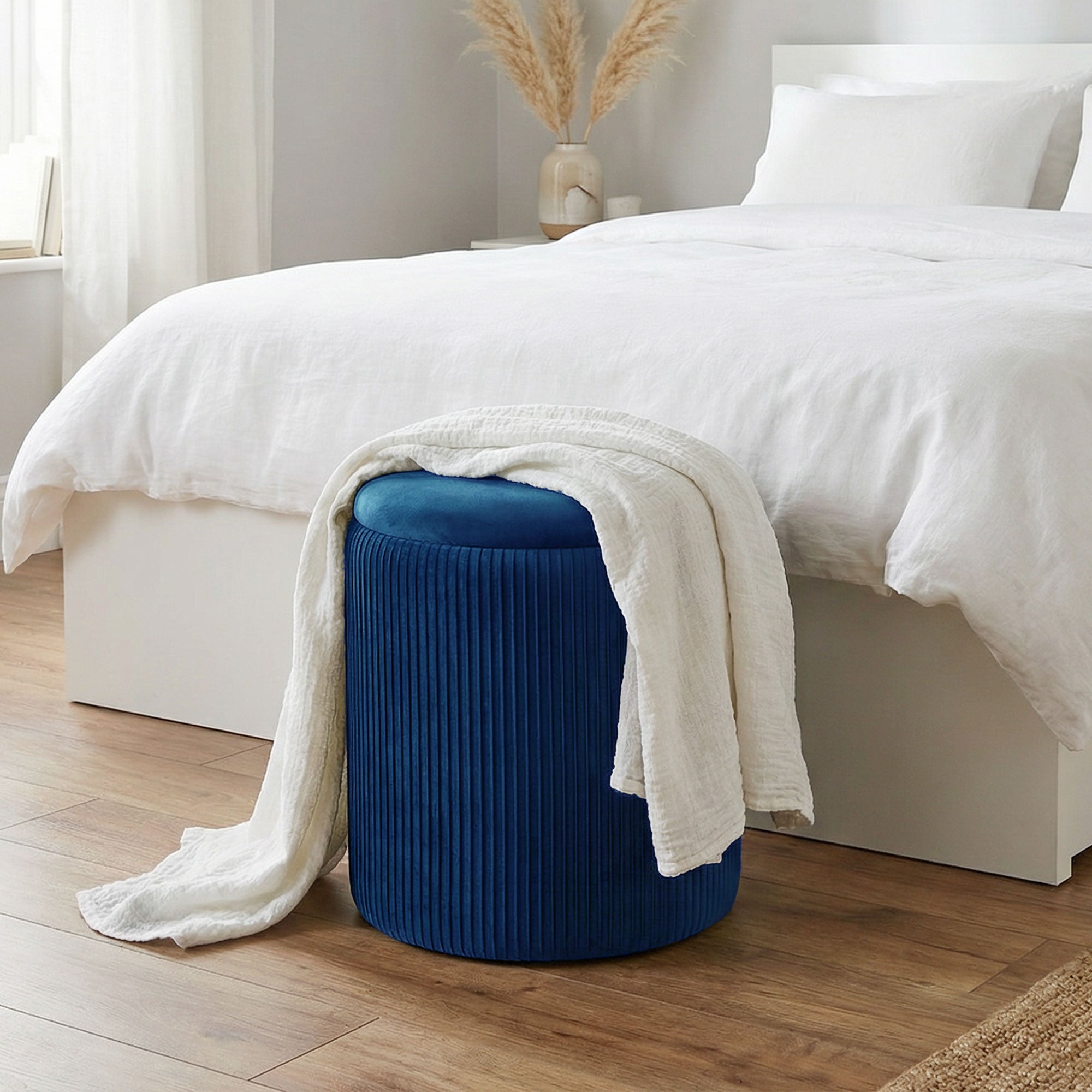 Round Storage Ottoman, Velvet-feel Fabric Upholstered Foot Stool with Removable Top, Padded Seat and Hidden Space for Living Room, Bedroom, Blue