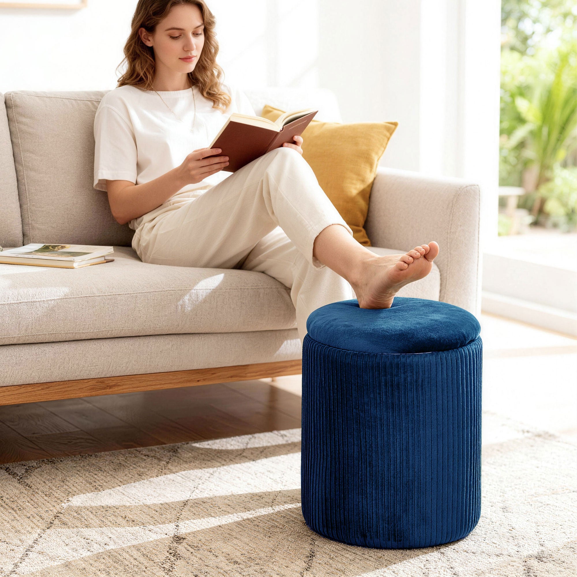 Round Storage Ottoman, Velvet-feel Fabric Upholstered Foot Stool with Removable Top, Padded Seat and Hidden Space for Living Room, Bedroom, Blue