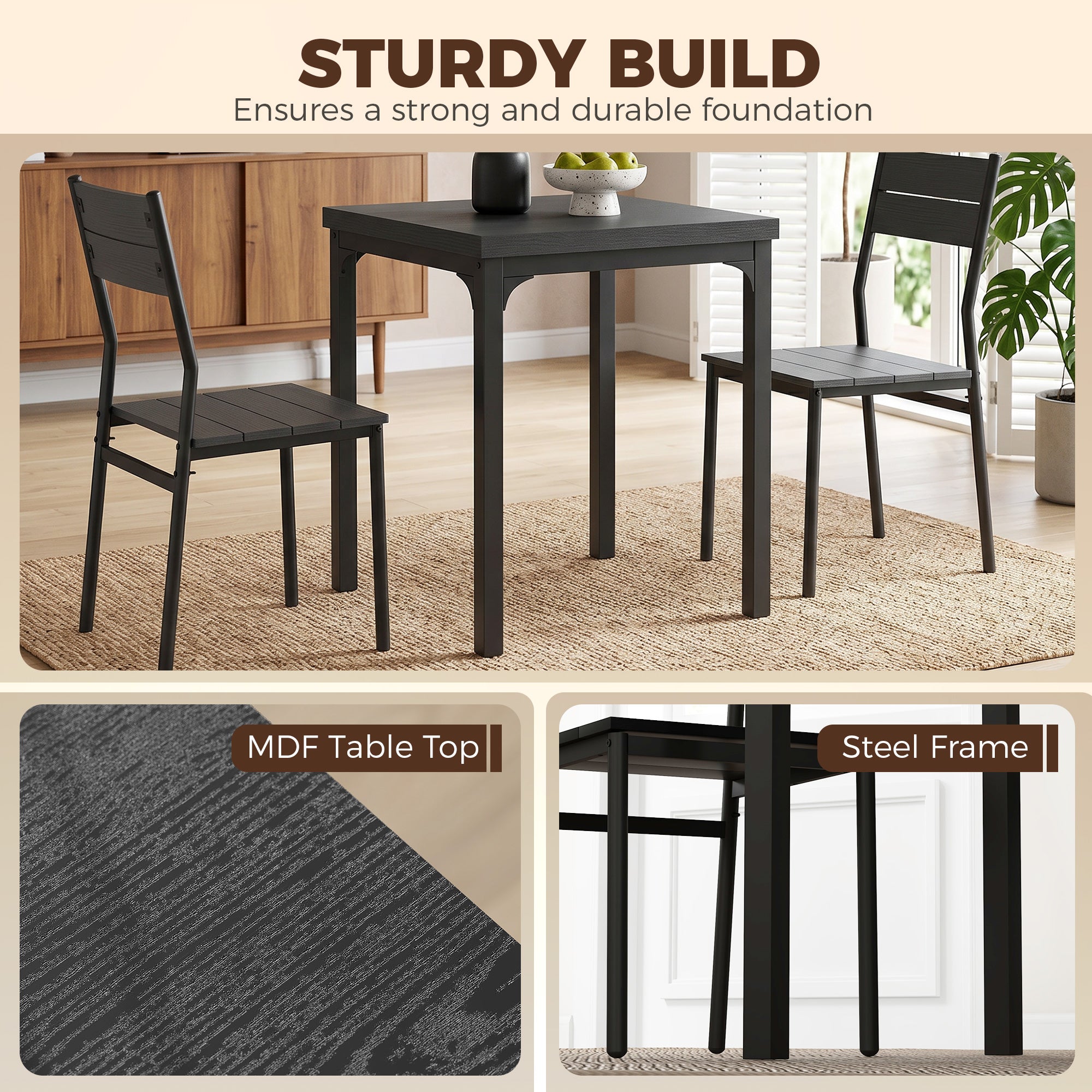 3 Pieces Modern Dining Table Set, Kitchen Table and Chairs for 2, Space Saving Design, Breakfast Nook Table Set with Steel Legs for Kitchen, Small Space, Black Wood Effect