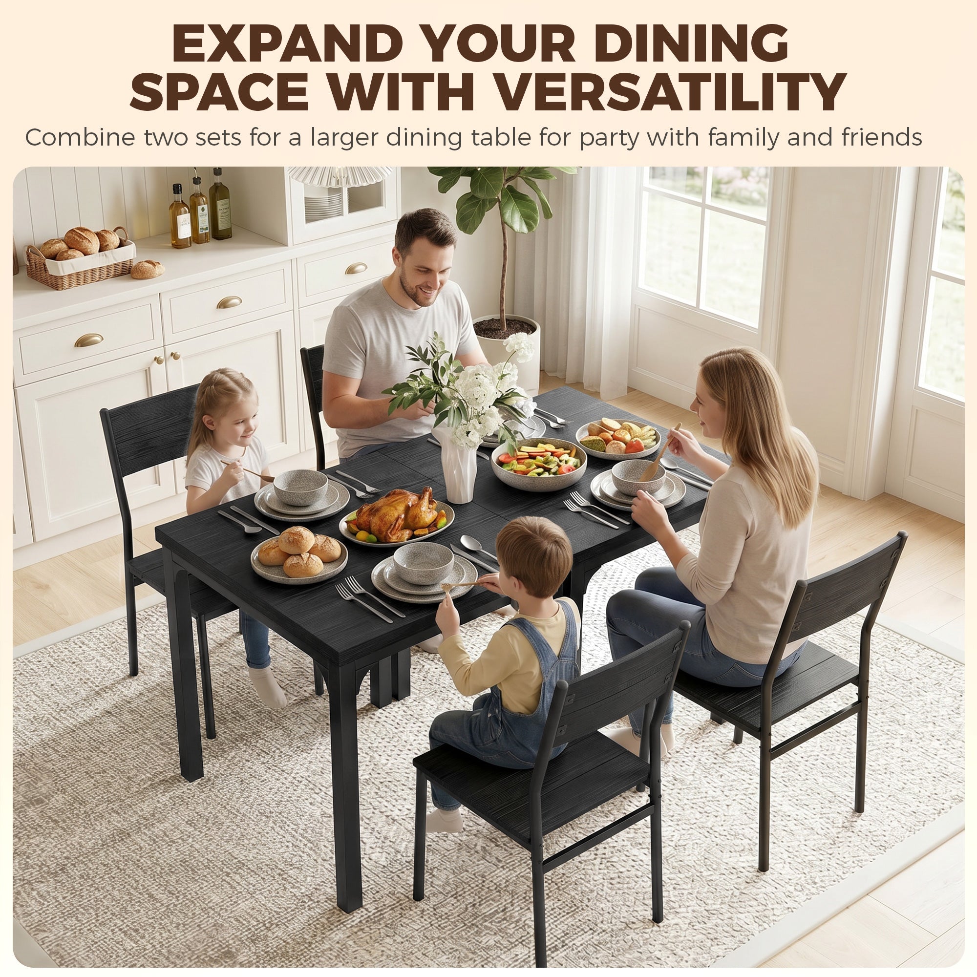 3 Pieces Modern Dining Table Set, Kitchen Table and Chairs for 2, Space Saving Design, Breakfast Nook Table Set with Steel Legs for Kitchen, Small Space, Black Wood Effect