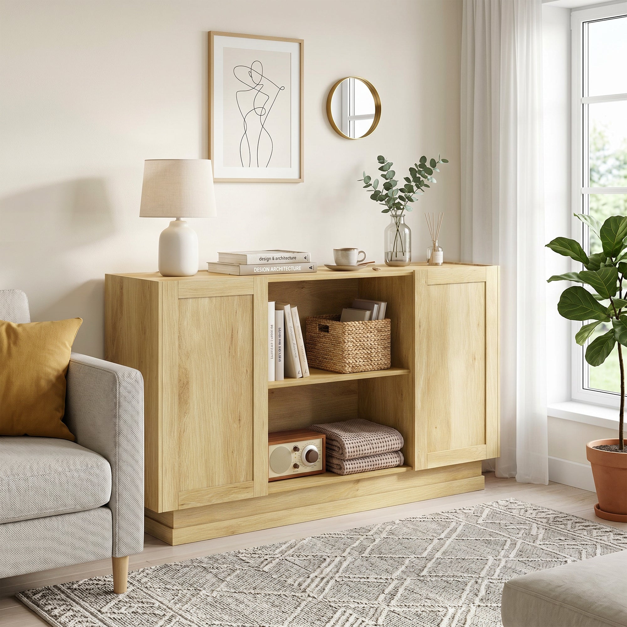 Sideboard Buffet Cabinet, 133 cm Modern Farmhouse Storage Cabinet with 2 Open Shelves, 2 Cupboards and Soft Close Doors for Dining Room, Living Room, Natural Wood Finish