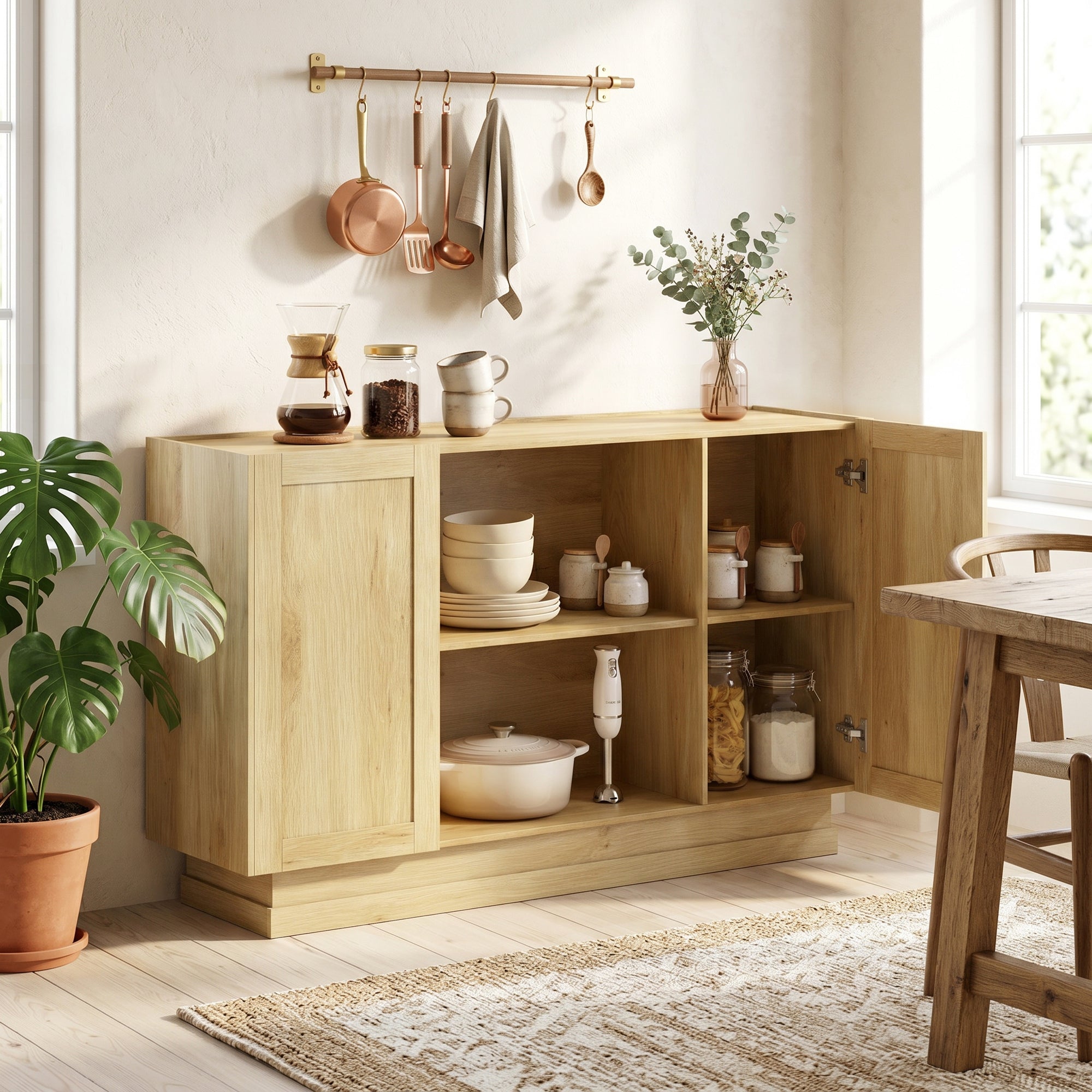 Sideboard Buffet Cabinet, 133 cm Modern Farmhouse Storage Cabinet with 2 Open Shelves, 2 Cupboards and Soft Close Doors for Dining Room, Living Room, Natural Wood Finish