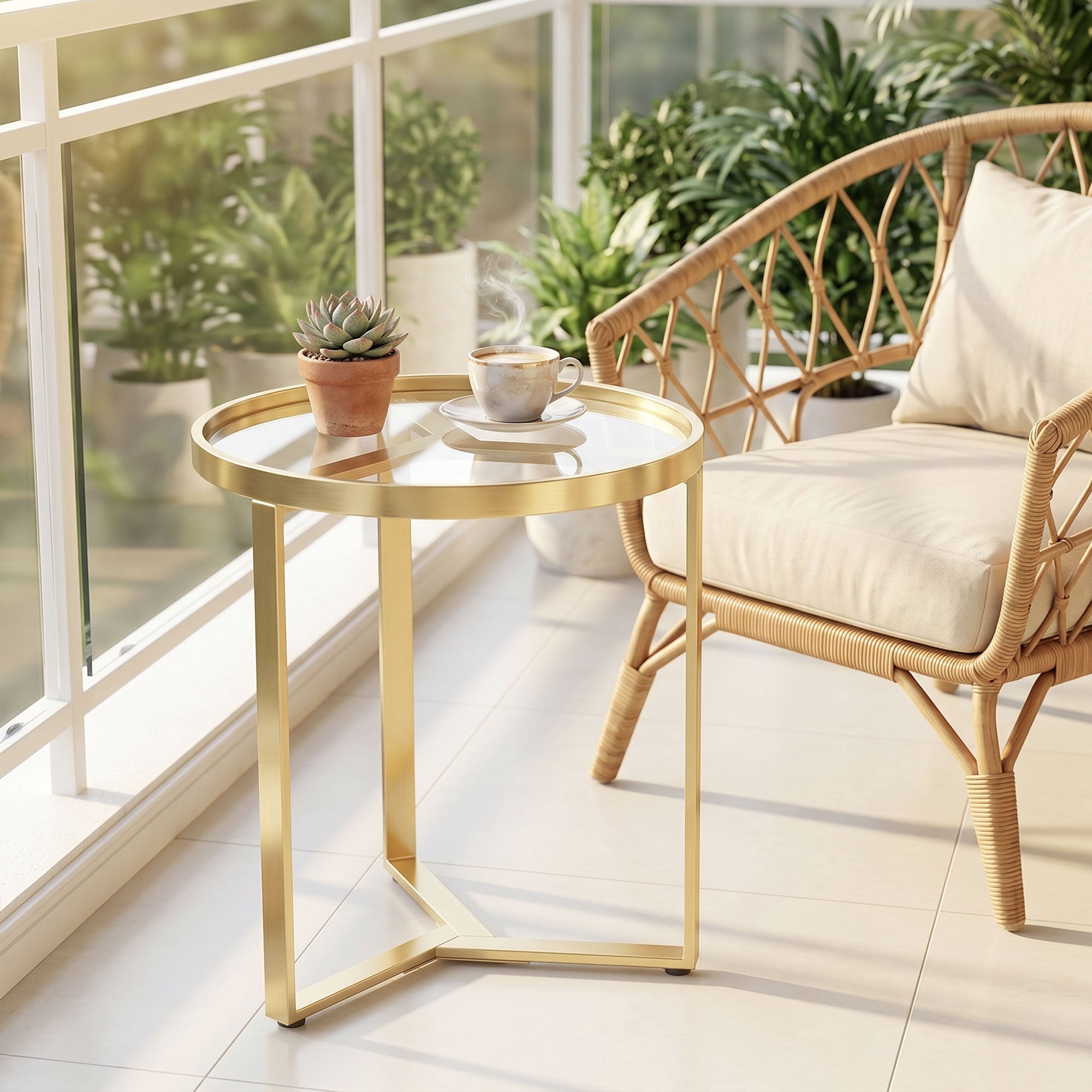 Round Side Table with Tempered Glass Top, Modern End Table with Geometric Metal Frame for Small Space, Living Room and Bedroom, Gold Tone