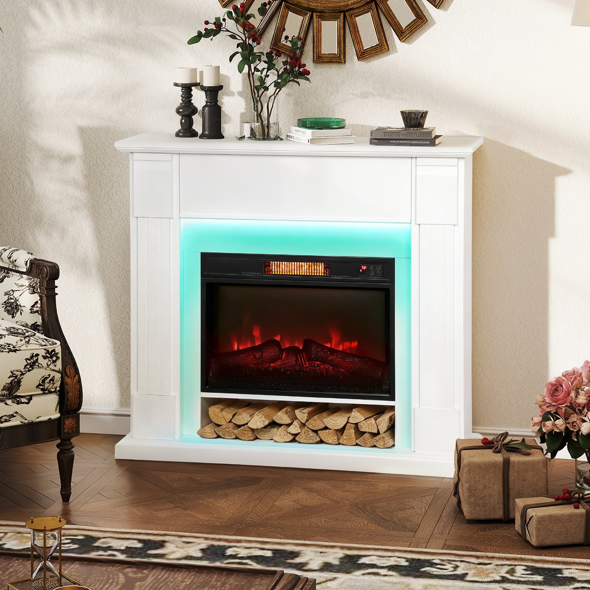 41 Inch Electric Fireplace with Mantel, 1400W Inset Fireplace Heater w/ Remote Control & Adjustable 3D Flame Effect, Indoor Fireplace Mantel for Living Room, Bedroom, White