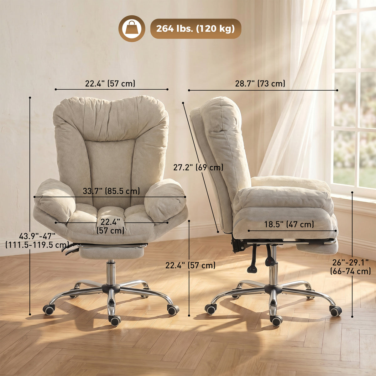 Criss Cross Office Chair with Footrest, Swivel Wheels, Wide Task Desk Chair with Overstuffed Reclining Backrest, Waterfall Arms, Adjustable Height, Cross Legged, Light Grey