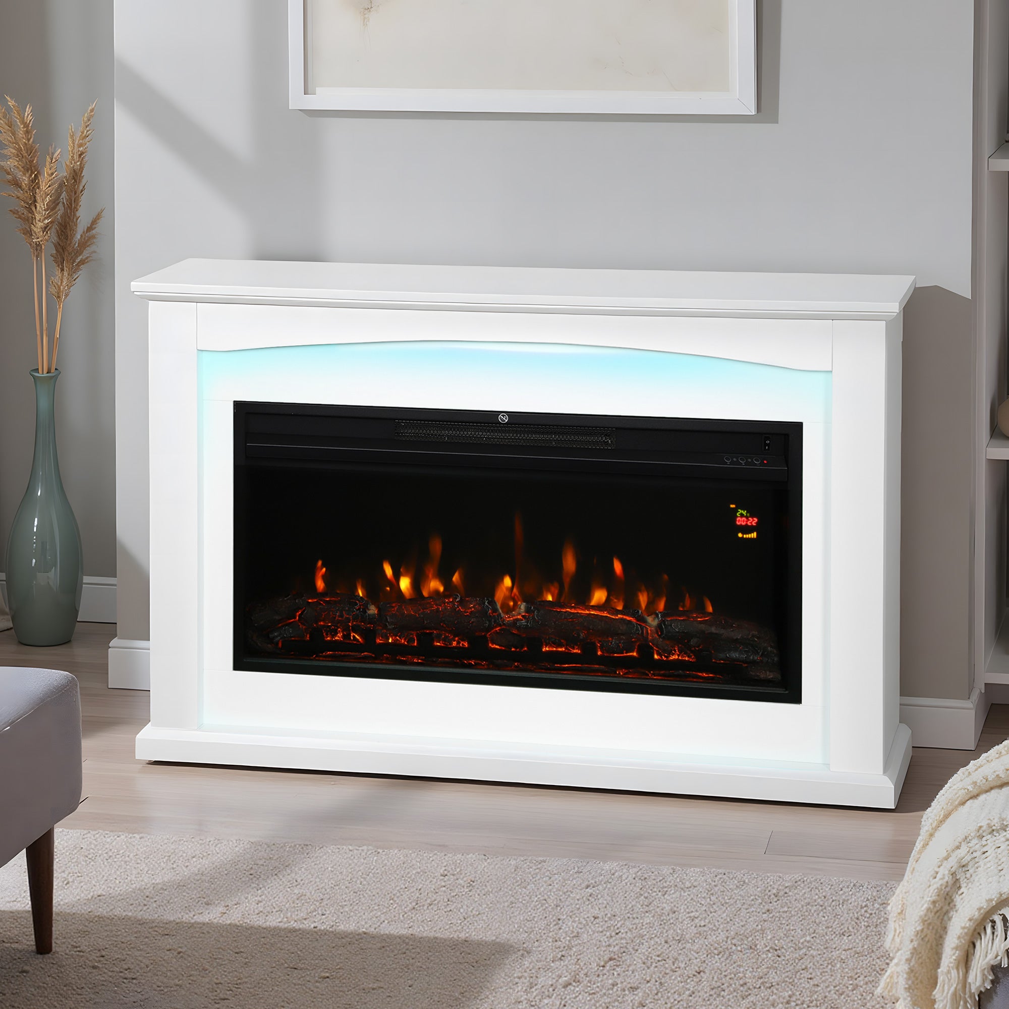 48"/121 cm Electric Fireplace with Realistic Flame Effect & 5 Brightness Levels, 1000W/2000W Inset Electric Fire and Mantel Reach up to 30 m² Space with Remote & Timer for Living Room, White