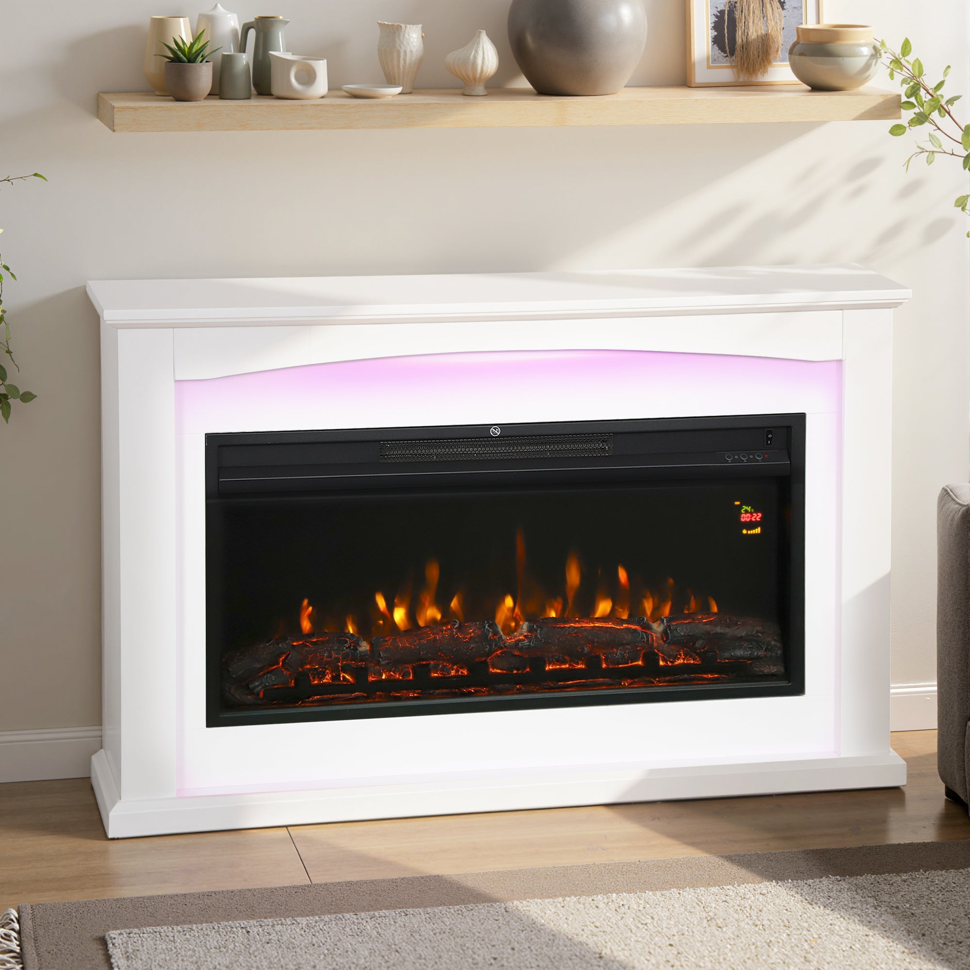 48"/121 cm Electric Fireplace with Realistic Flame Effect & 5 Brightness Levels, 1000W/2000W Inset Electric Fire and Mantel Reach up to 30 m² Space with Remote & Timer for Living Room, White