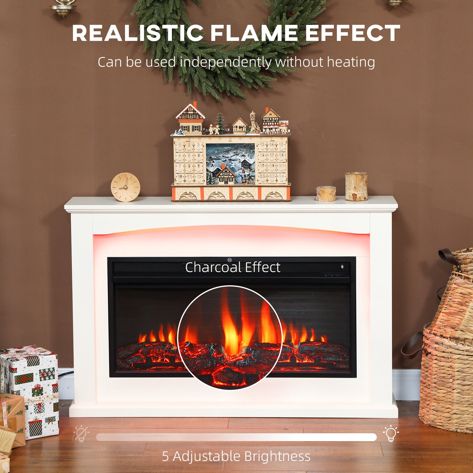 48"/121 cm Electric Fireplace with Realistic Flame Effect & 5 Brightness Levels, 1000W/2000W Inset Electric Fire and Mantel Reach up to 30 m² Space with Remote & Timer for Living Room, White