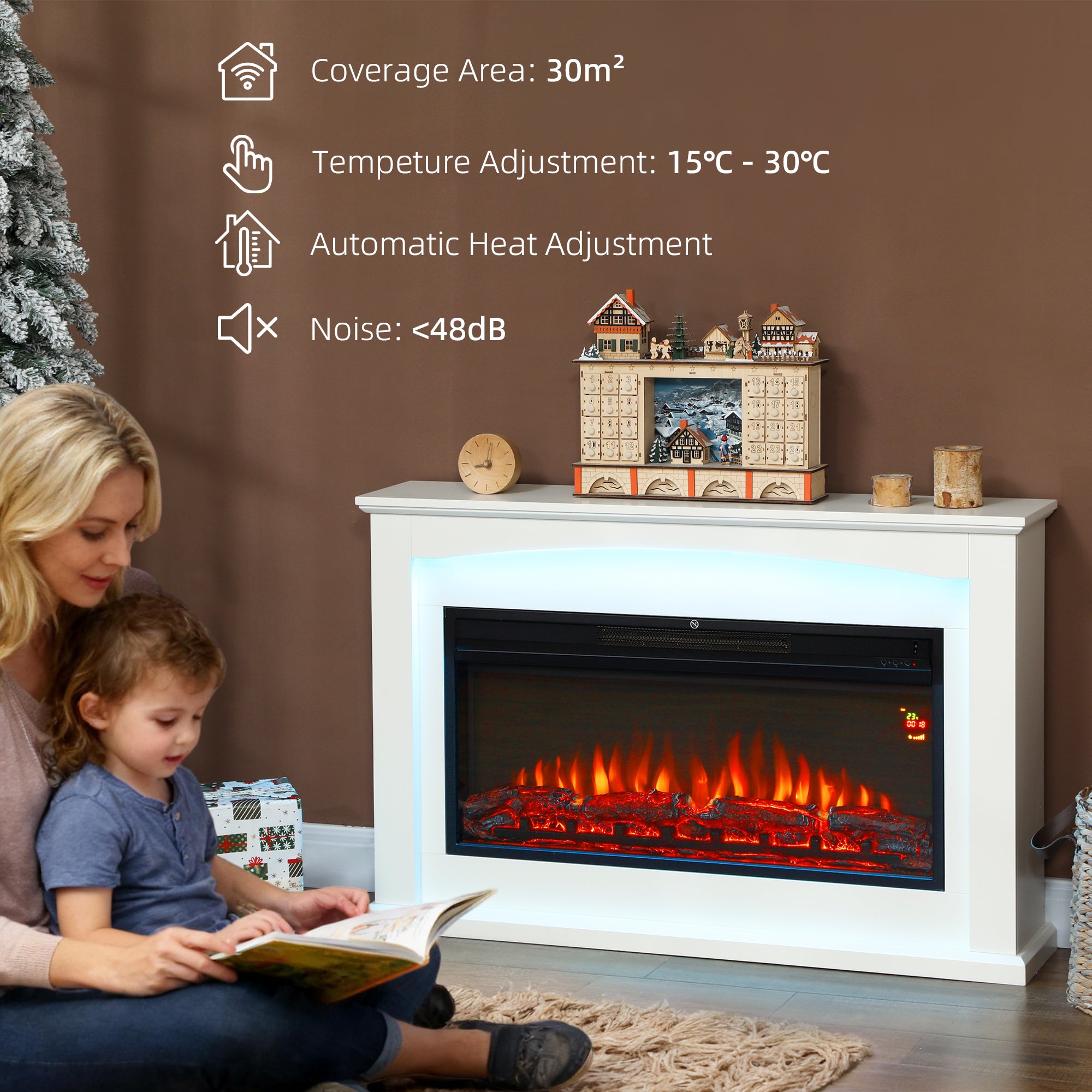 48"/121 cm Electric Fireplace with Realistic Flame Effect & 5 Brightness Levels, 1000W/2000W Inset Electric Fire and Mantel Reach up to 30 m² Space with Remote & Timer for Living Room, White