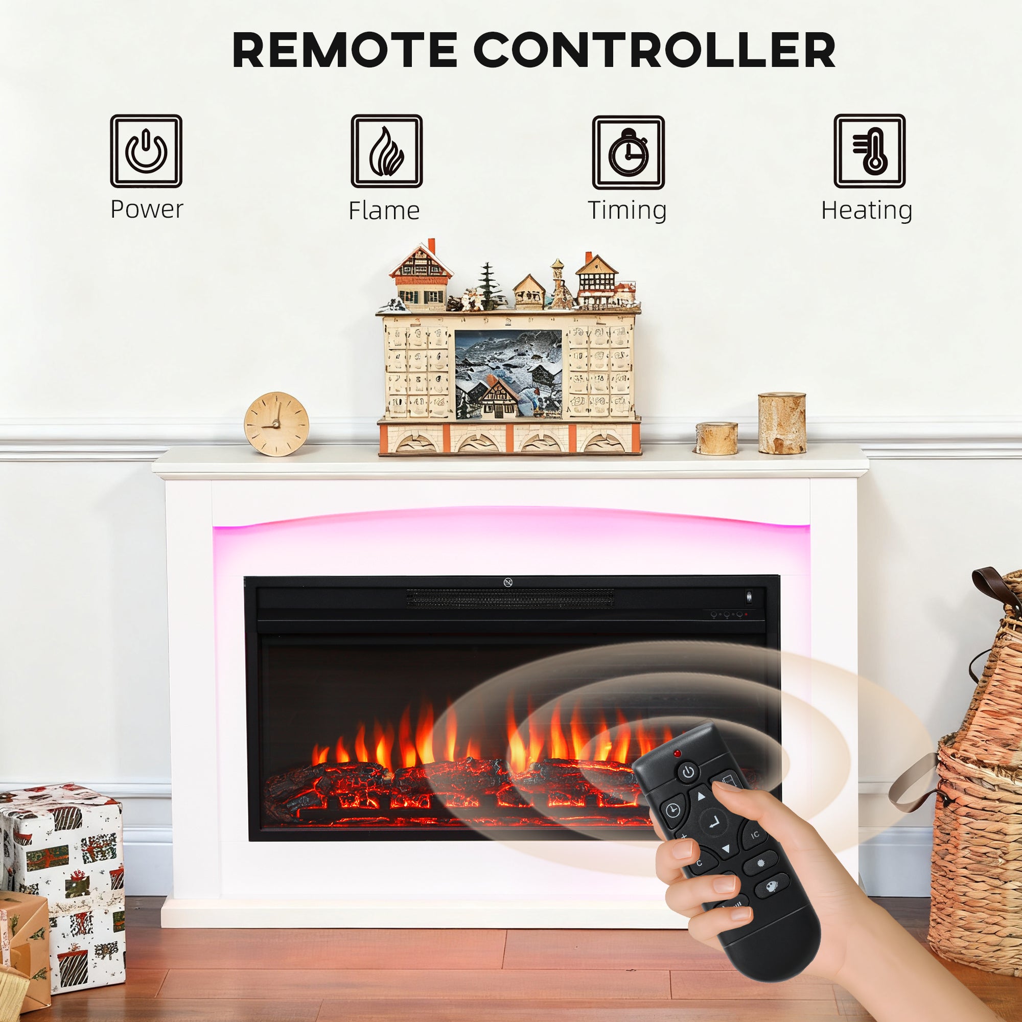 48"/121 cm Electric Fireplace with Realistic Flame Effect & 5 Brightness Levels, 1000W/2000W Inset Electric Fire and Mantel Reach up to 30 m² Space with Remote & Timer for Living Room, White