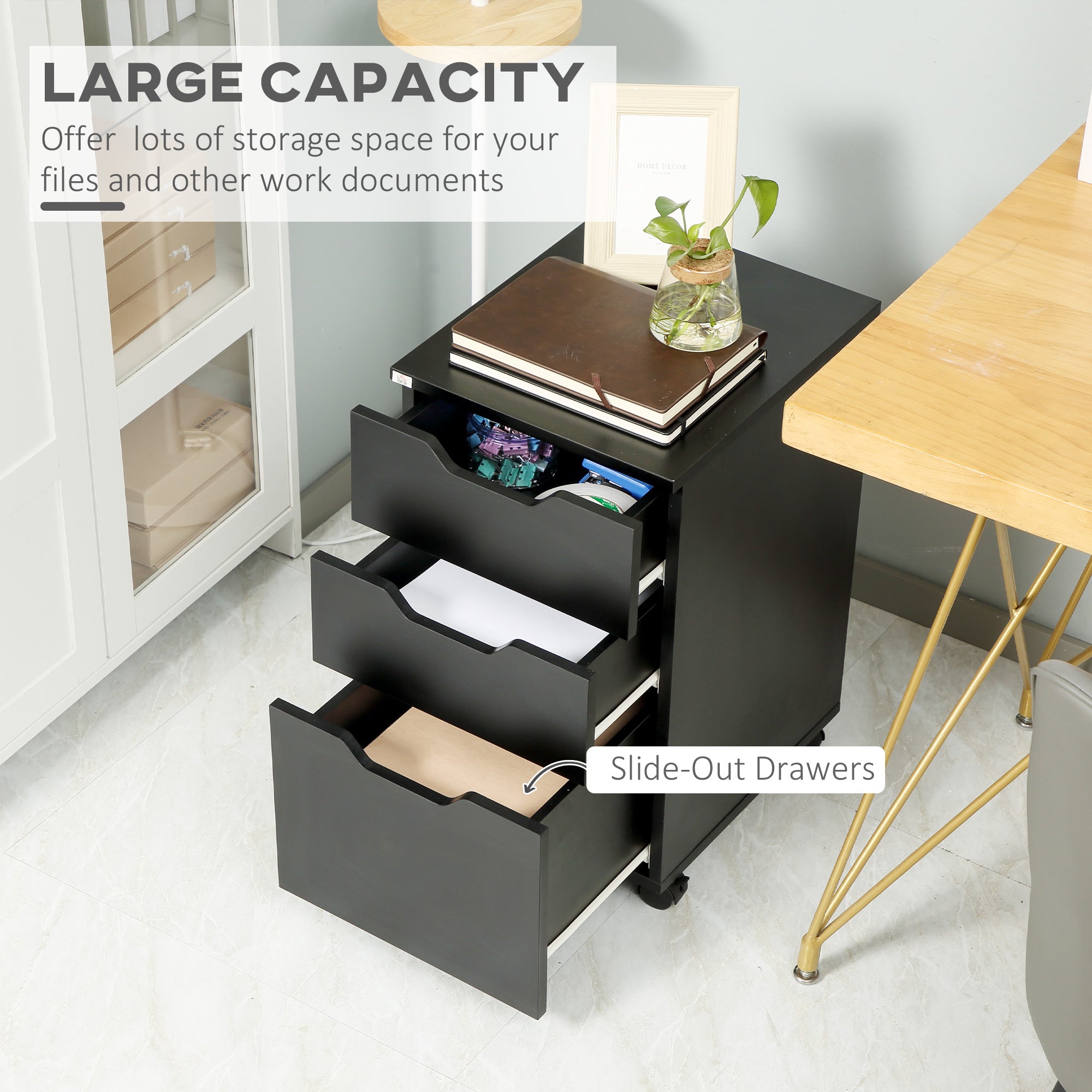 3 Drawer Mobile File Cabinet Rolling Printer Stand Vertical Filing Cabinet Black