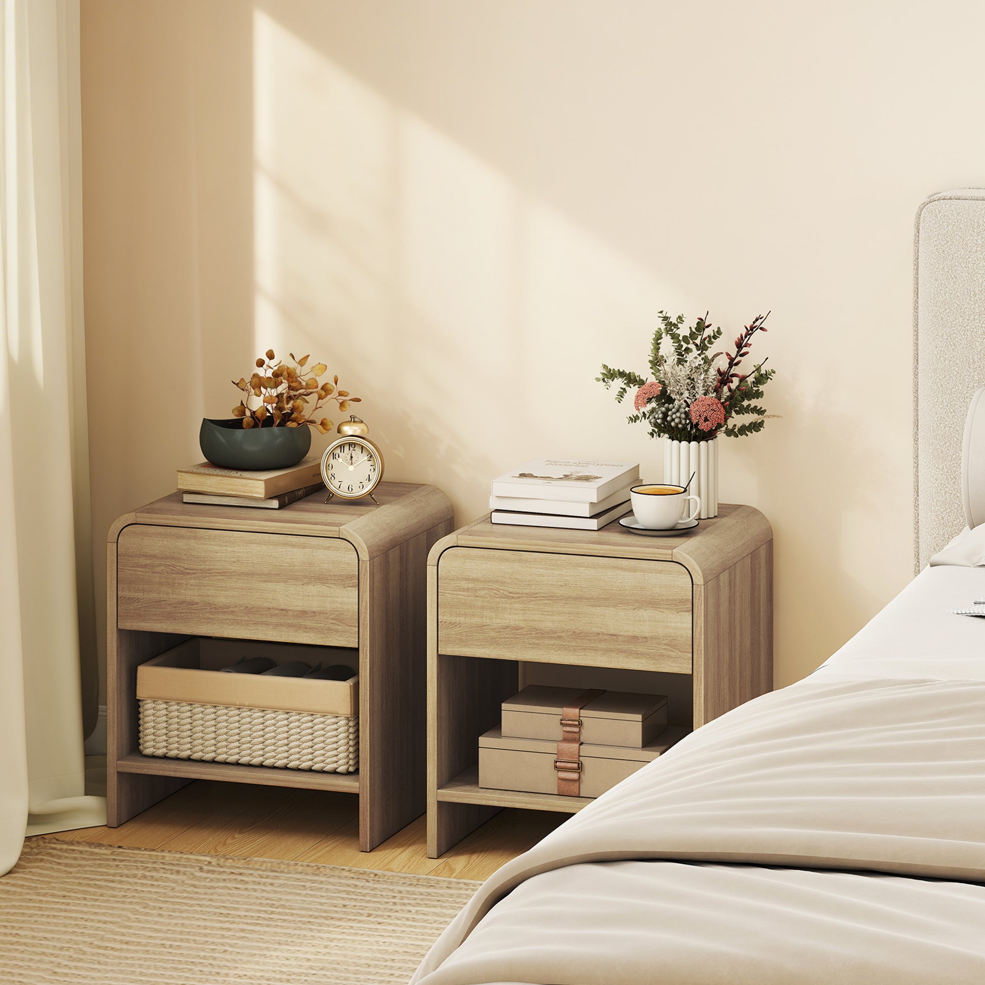 Bedside Tables Set of 2, Modern Nightstands with Rounded Corners, Space-Saving Side Table with Drawer and Open Shelf for Living Room, Bedroom, Natural Wood