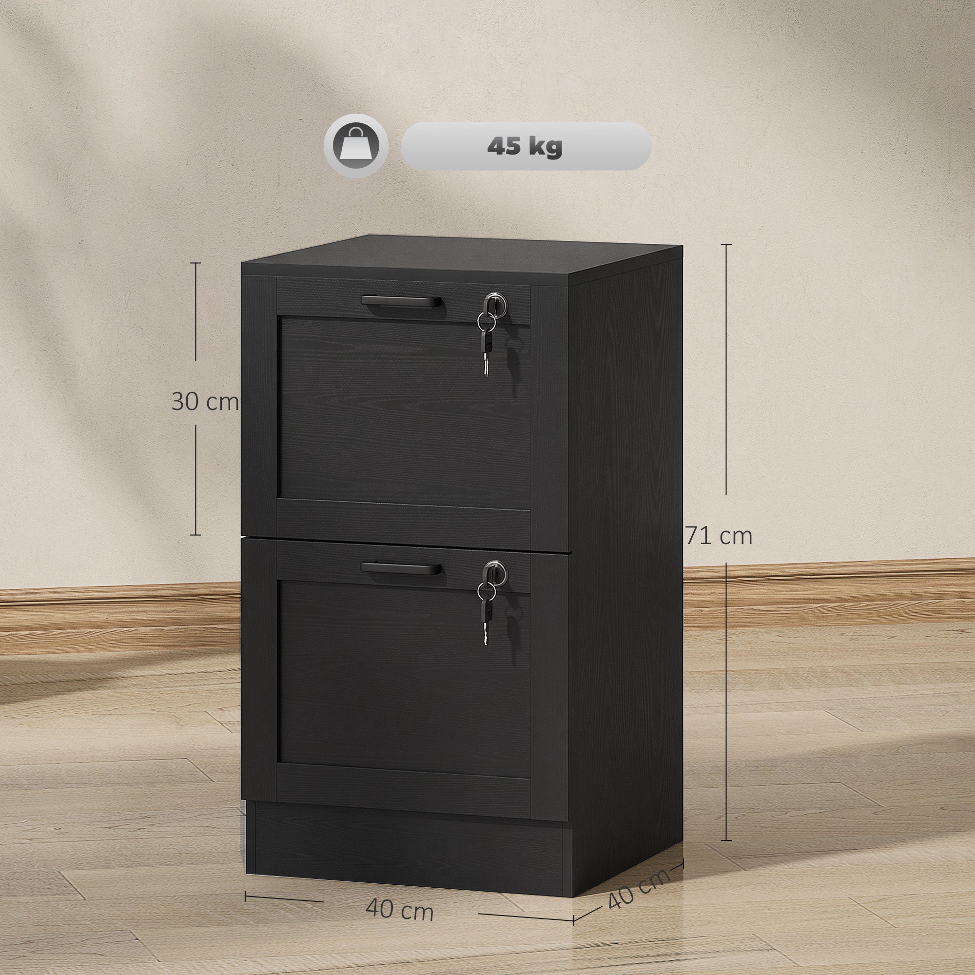 2 Drawer File Cabinet with Lock, Vertical Filing Cabinet with Adjustable Hanging Bars for A4 and Letter Size File Folders, Printer Stand with Storage, Black Wood Effect