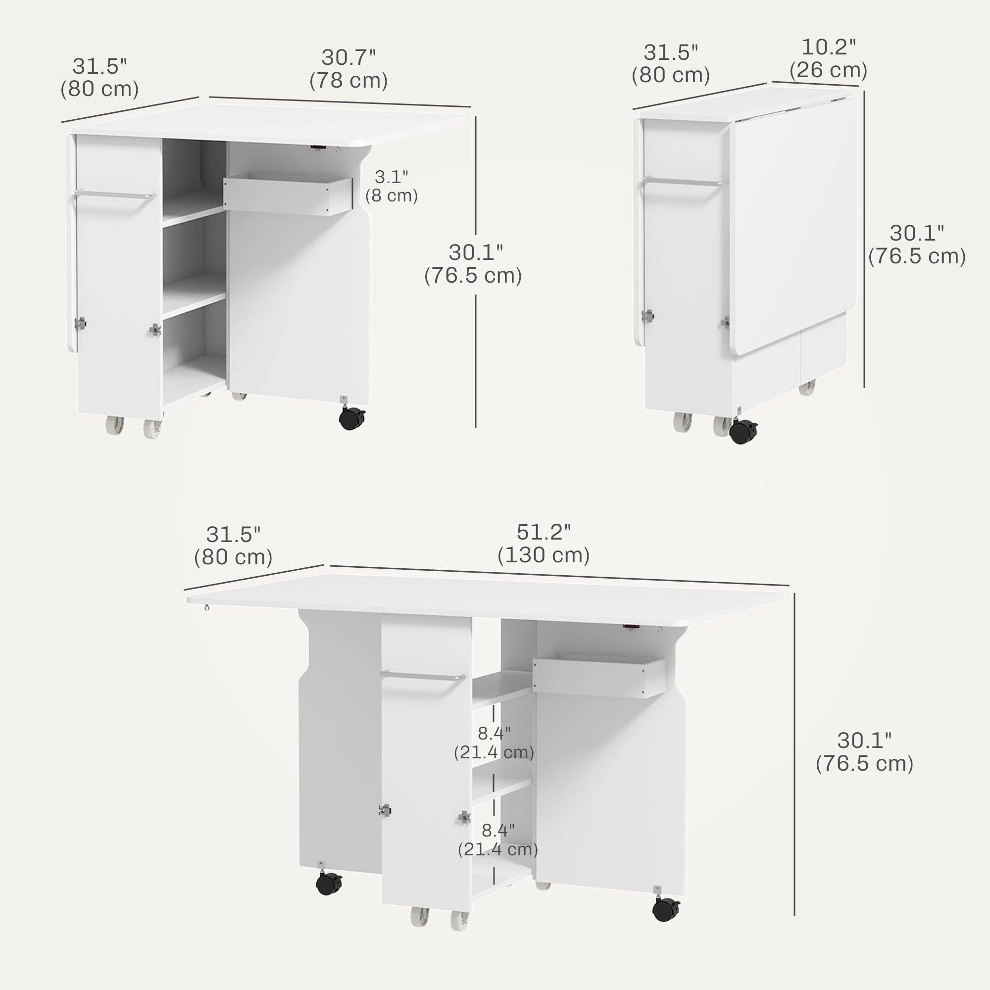 HOMCOM Folding Dining Table, Rolling Drop Leaf Table for Small Spaces, Foldable Table with Storage Box, 3-tier Shelves and Towel Racks for Kitchen, Dining Room, White