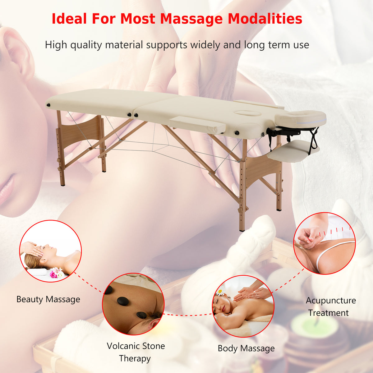 83 Inch Portable Folding Massage Table, Height Adjustable Professional Salon Spa Facial Couch Bed with Carrying Case, Headrest, Armrests, Beige