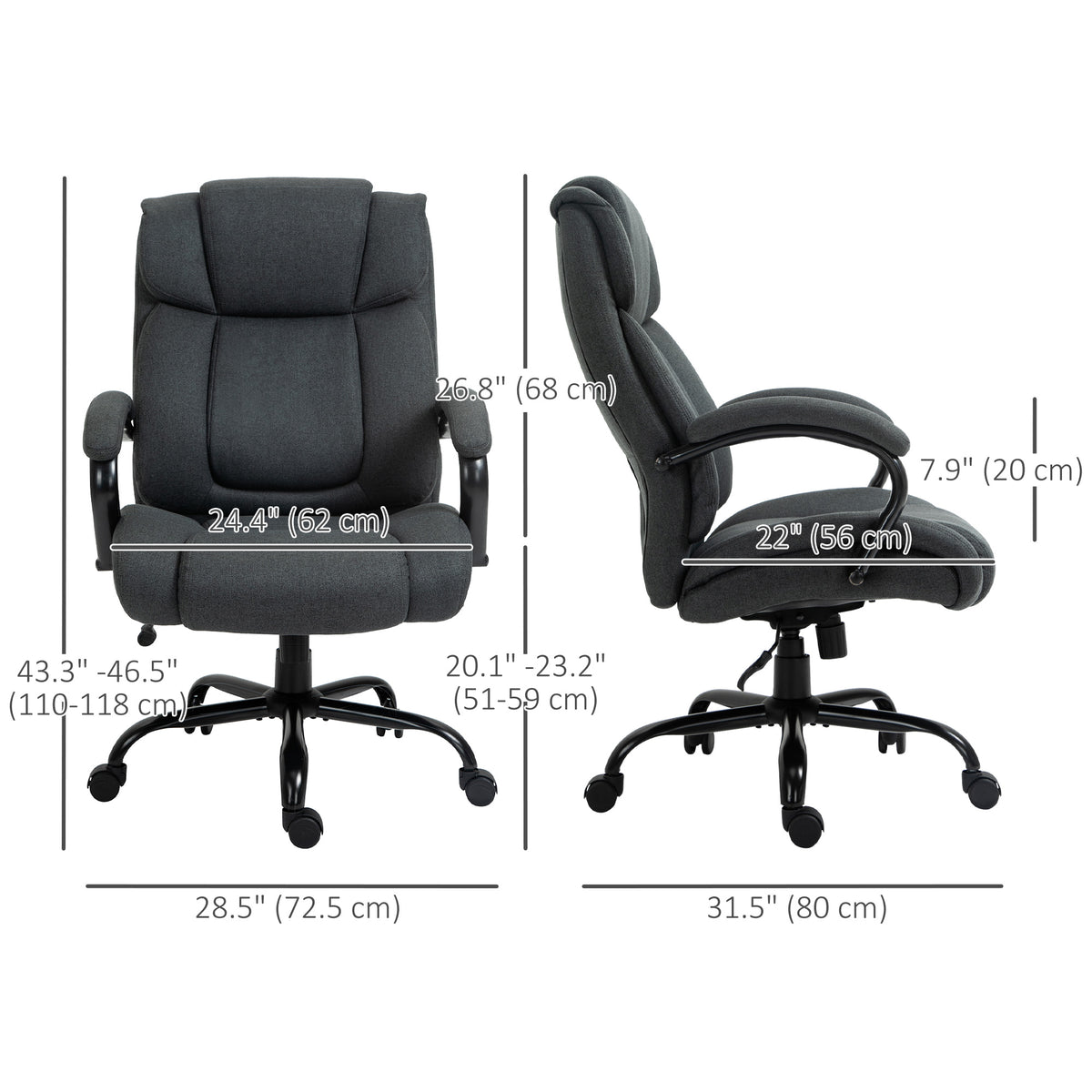 Executive Office Chair with Spring Padding, Linen Computer Desk Chair with Swivel Wheels, High Back, Height Adjustable, Charcoal Grey