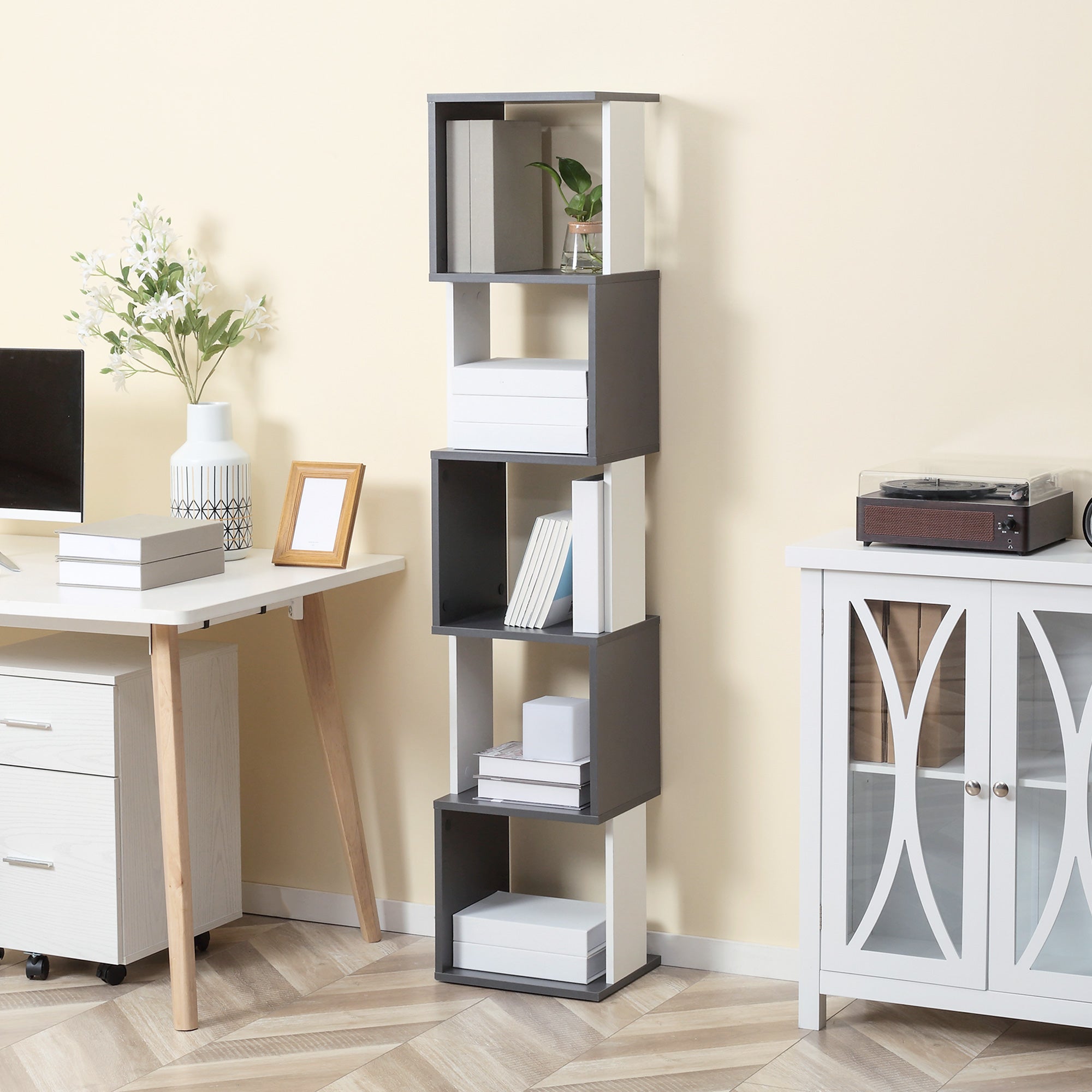 HOMCOM Modern 5-Tier Bookshelf, Freestanding Bookcase Storage Shelving for Living Room Home Office Study, White and Dark Grey
