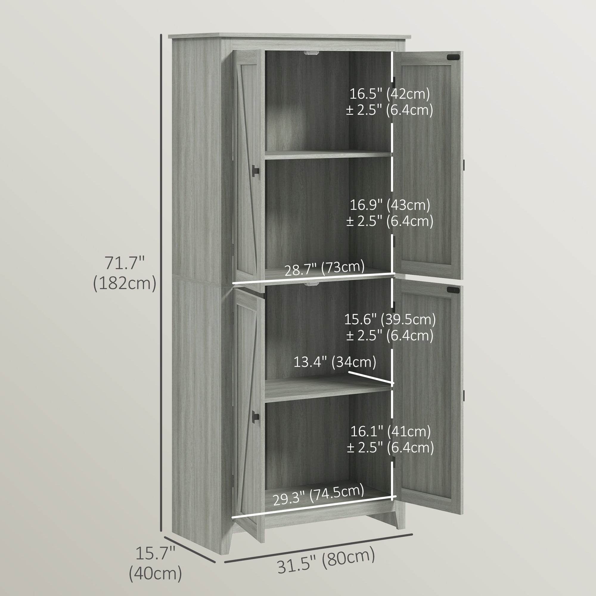 HOMCOM 72" Farmhouse Kitchen Pantry Cabinet, Kitchen Pantry Storage Cabinet with 4 Barn Doors and Adjustable Shelves, Grey