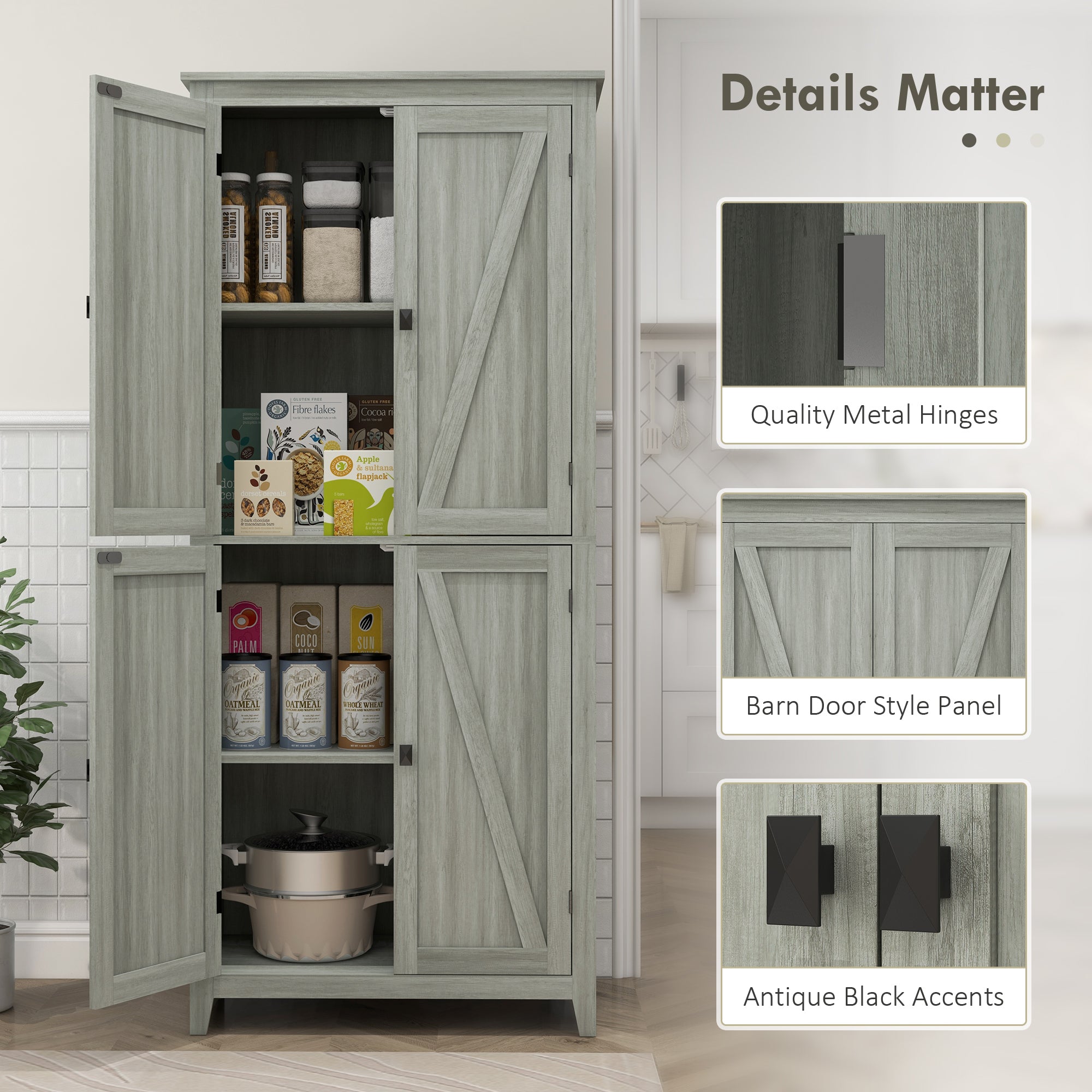 HOMCOM 72" Farmhouse Kitchen Pantry Cabinet, Kitchen Pantry Storage Cabinet with 4 Barn Doors and Adjustable Shelves, Grey