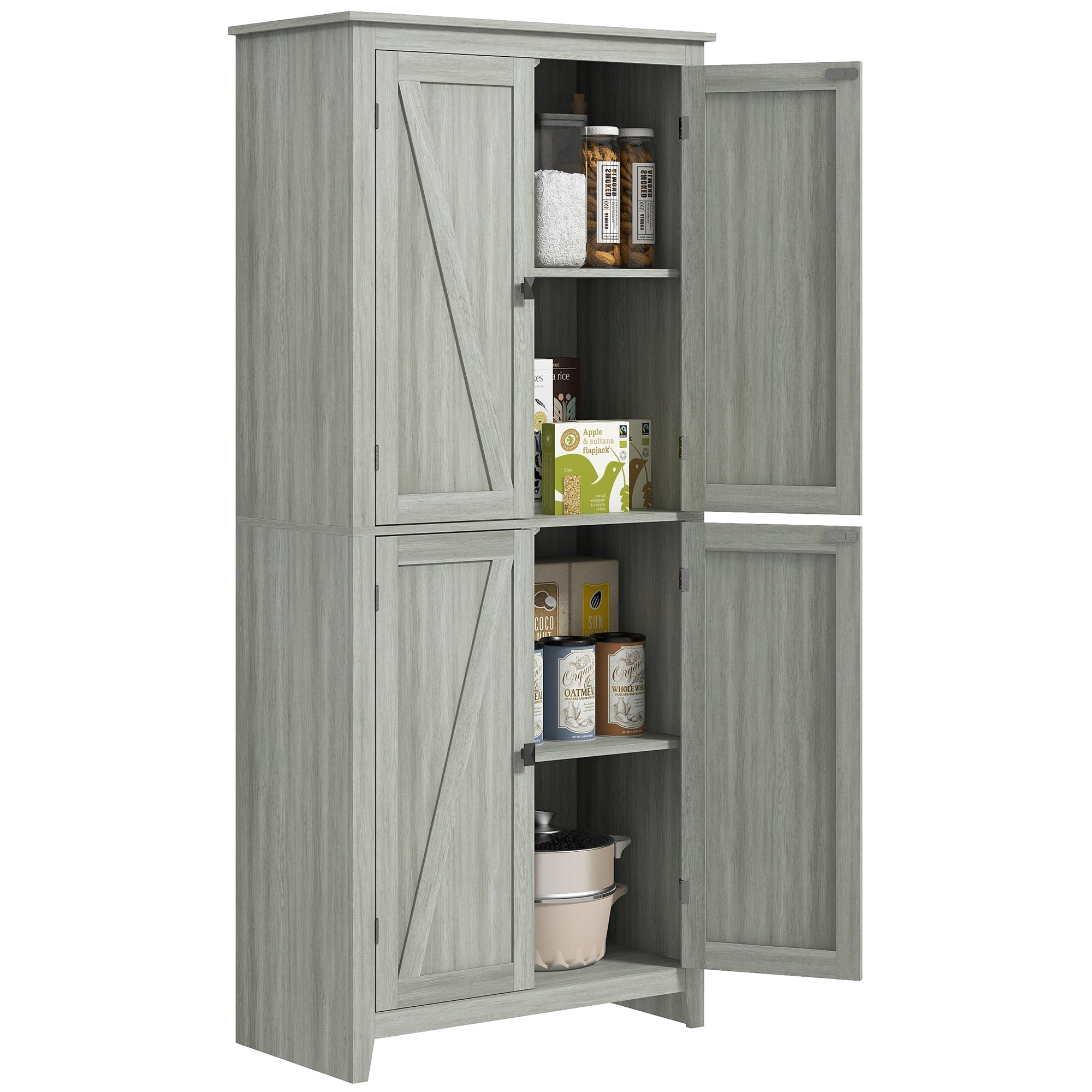 HOMCOM 72" Farmhouse Kitchen Pantry Cabinet, Kitchen Pantry Storage Cabinet with 4 Barn Doors and Adjustable Shelves, Grey