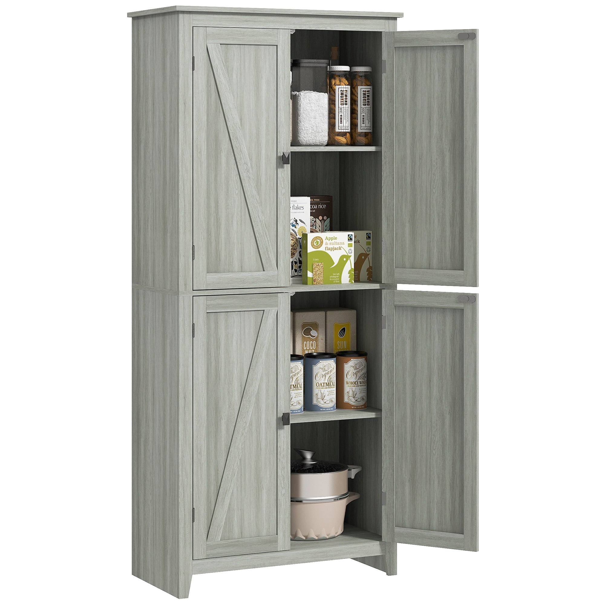 HOMCOM 72" Farmhouse Kitchen Pantry Cabinet, Kitchen Pantry Storage Cabinet with 4 Barn Doors and Adjustable Shelves, Grey