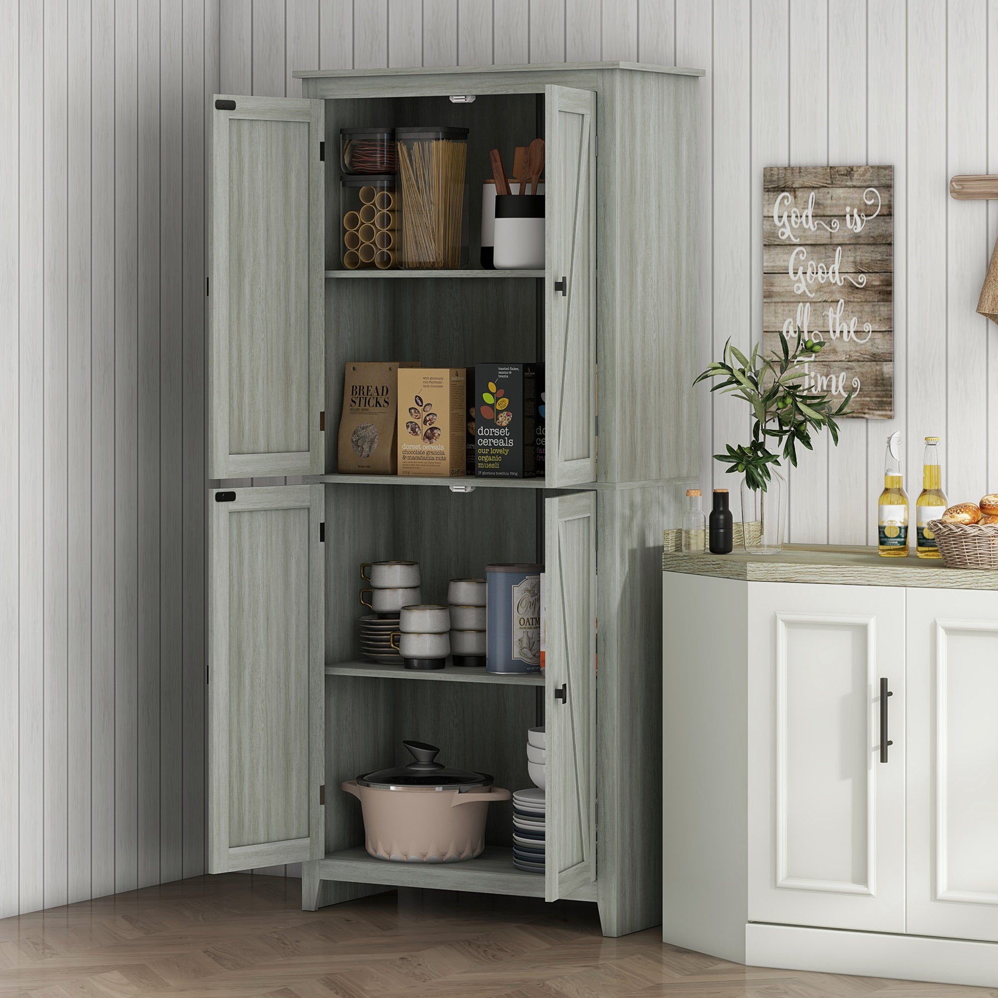 HOMCOM 72" Farmhouse Kitchen Pantry Cabinet, Kitchen Pantry Storage Cabinet with 4 Barn Doors and Adjustable Shelves, Grey