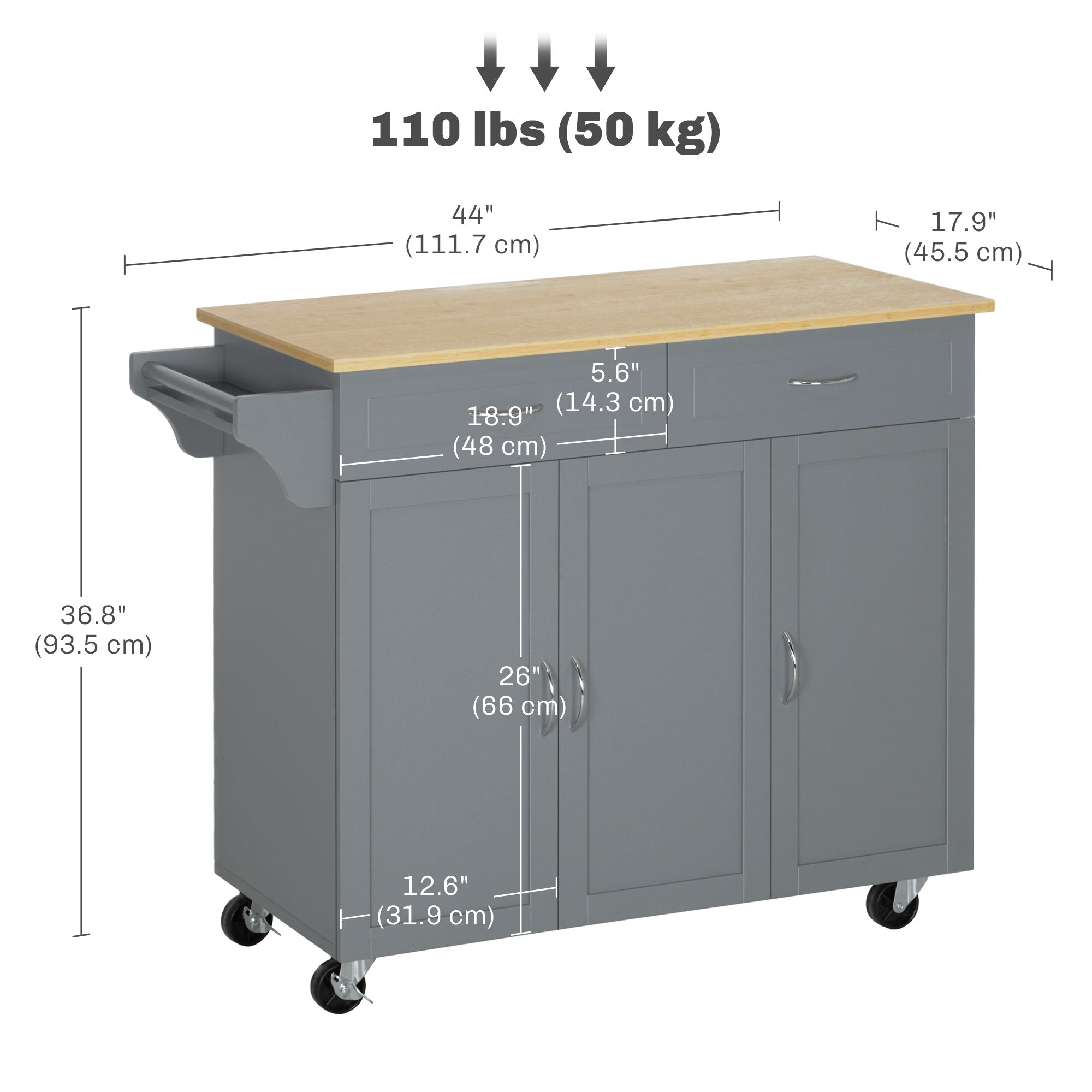 HOMCOM Rolling Kitchen Island on Wheels with Bamboo Countertop, Kitchen Cart with Storage Cabinets, Drawers, Adjustable Shelves and Towel Rack for Dining Room, Grey