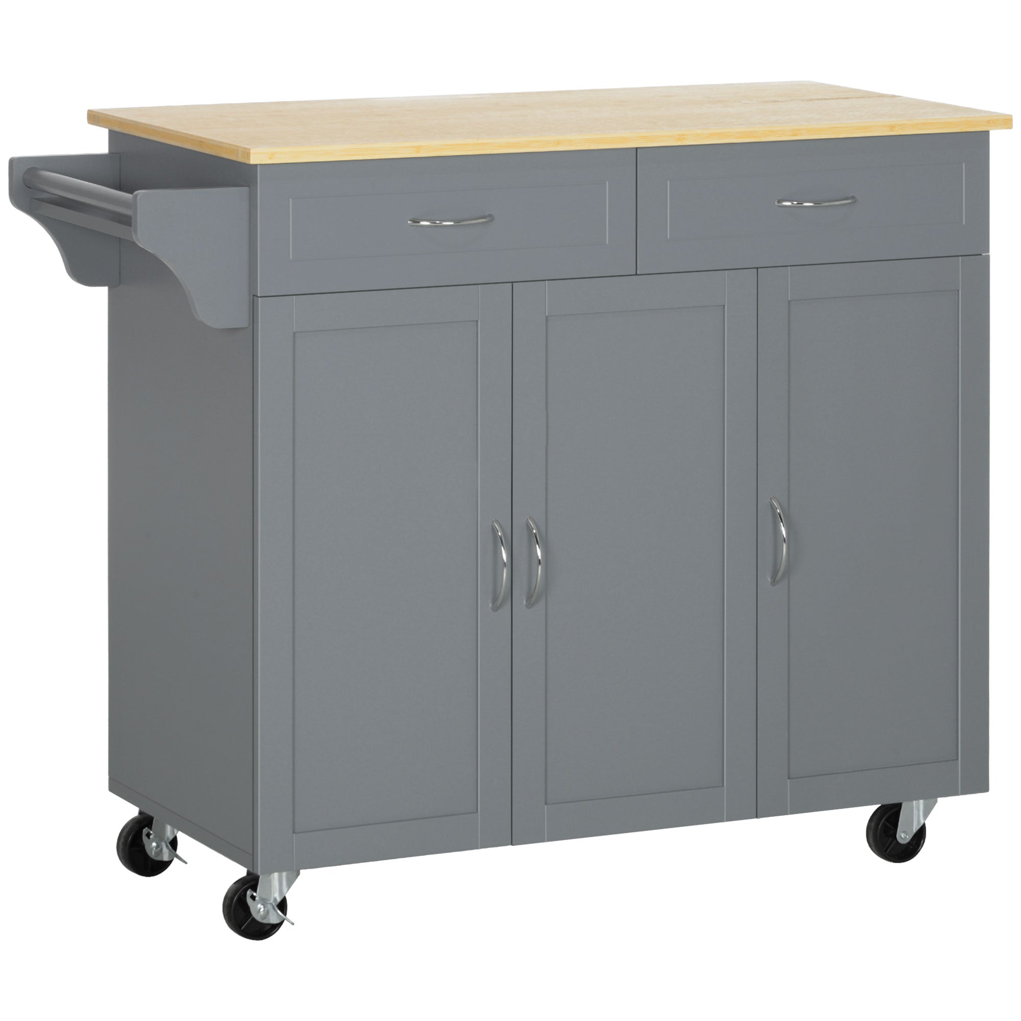 HOMCOM Rolling Kitchen Island on Wheels with Bamboo Countertop, Kitchen Cart with Storage Cabinets, Drawers, Adjustable Shelves and Towel Rack for Dining Room, Grey