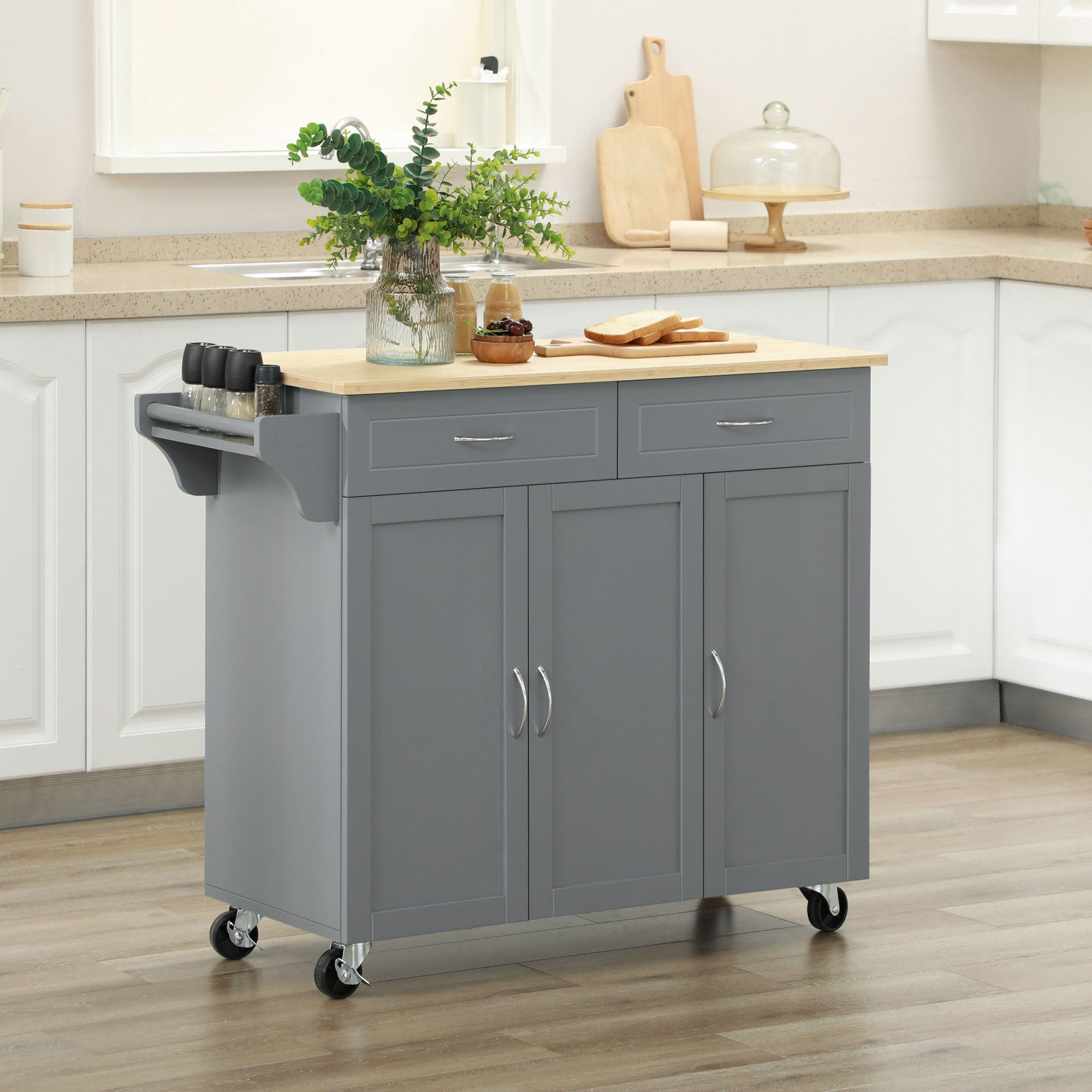 HOMCOM Rolling Kitchen Island on Wheels with Bamboo Countertop, Kitchen Cart with Storage Cabinets, Drawers, Adjustable Shelves and Towel Rack for Dining Room, Grey