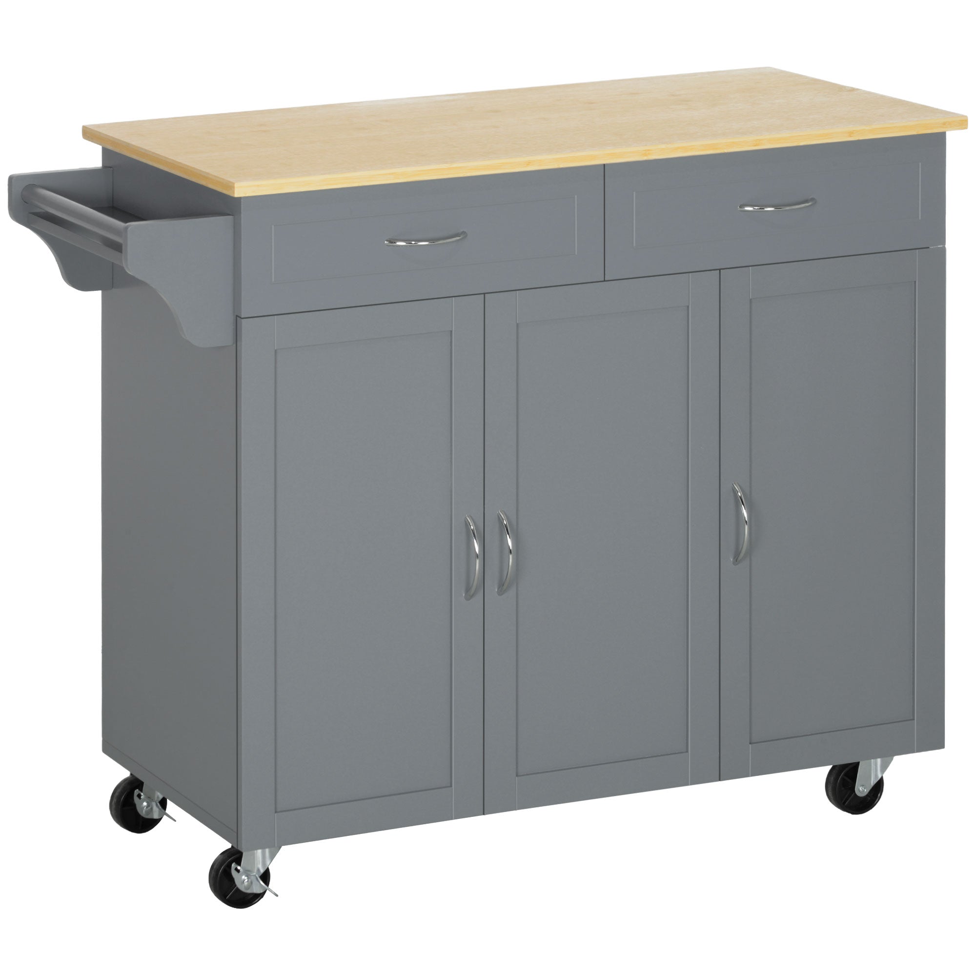 HOMCOM Rolling Kitchen Island on Wheels with Bamboo Countertop, Kitchen Cart with Storage Cabinets, Drawers, Adjustable Shelves and Towel Rack for Dining Room, Grey