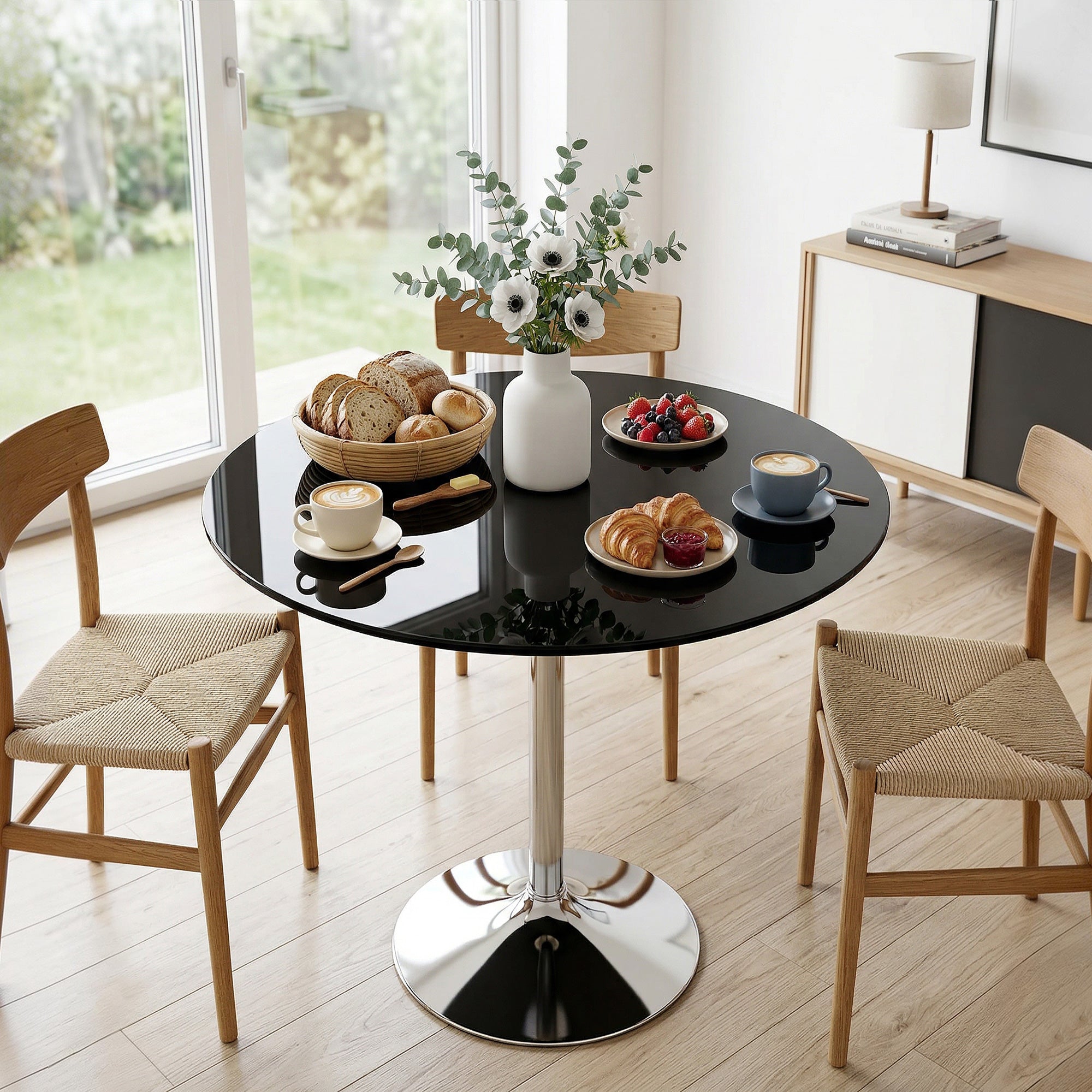 Round Bar Table, Modern Dining Table with Tempered Glass Top and Steel Frame for 4, Easy Assembly for Breakfast Bar, Dining Room, 80 x 80 x 77cm, Black
