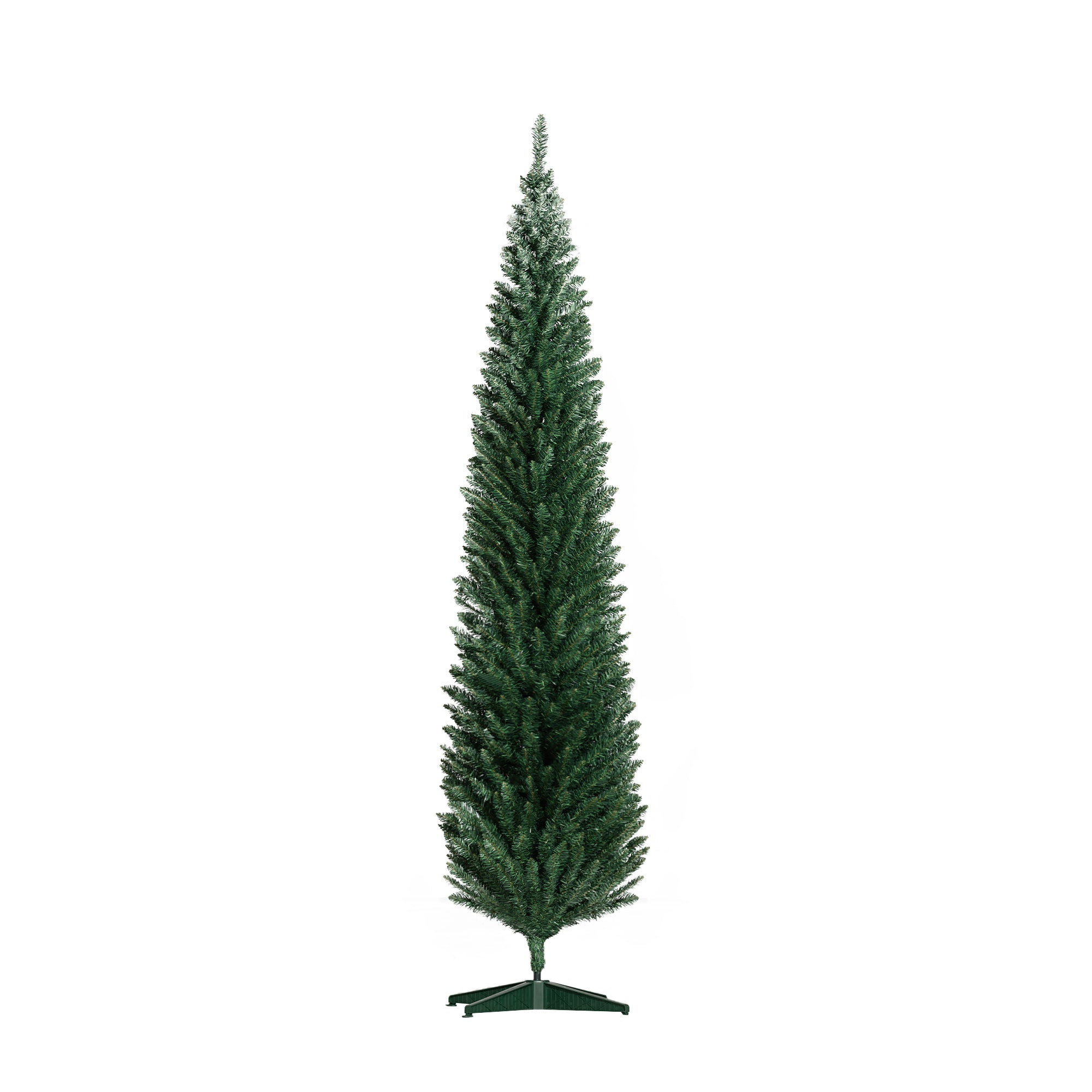 8ft Unlit Pencil Artificial Christmas Tree with Realistic Branches and 618 Tips Plastic Base Green