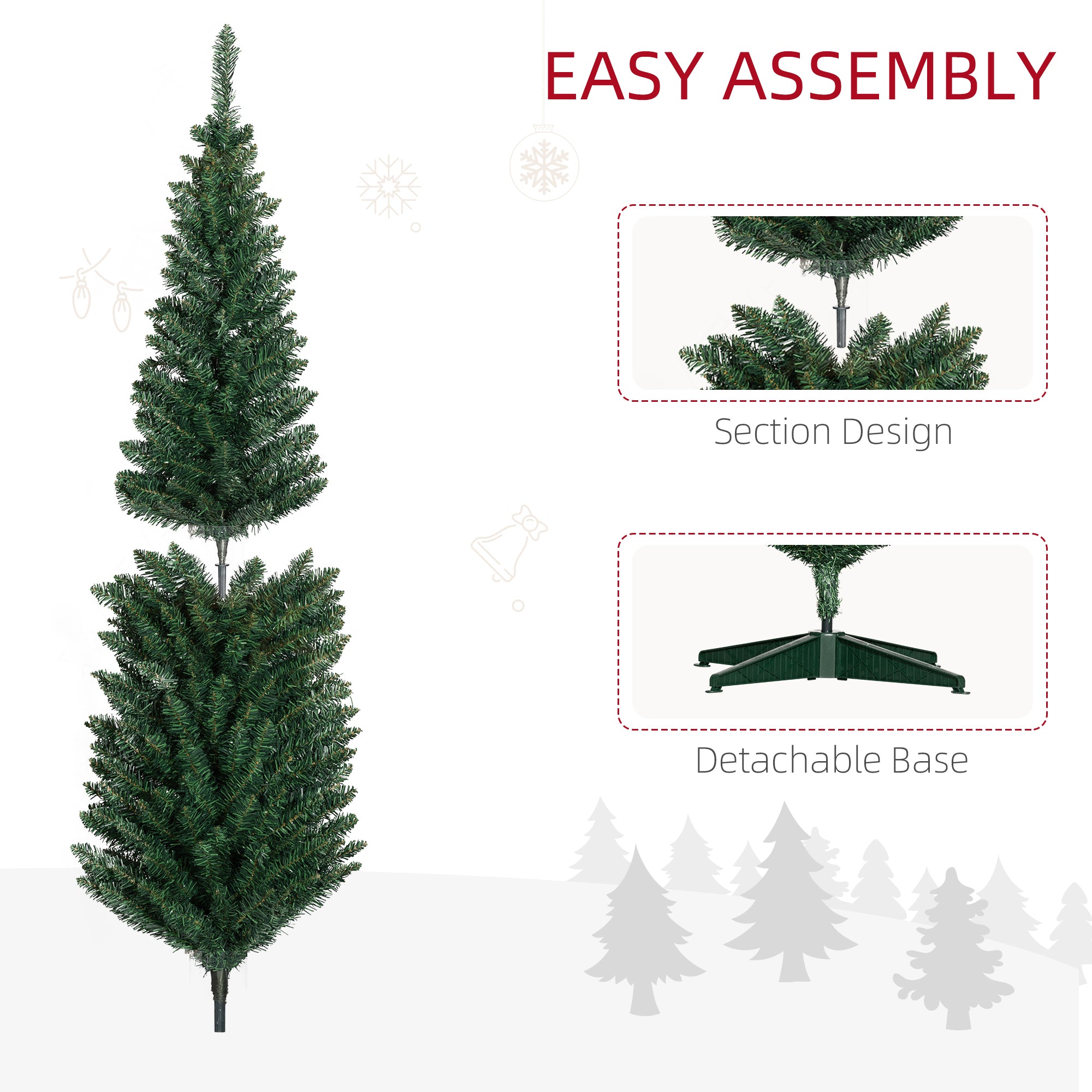 8ft Unlit Pencil Artificial Christmas Tree with Realistic Branches and 618 Tips Plastic Base Green