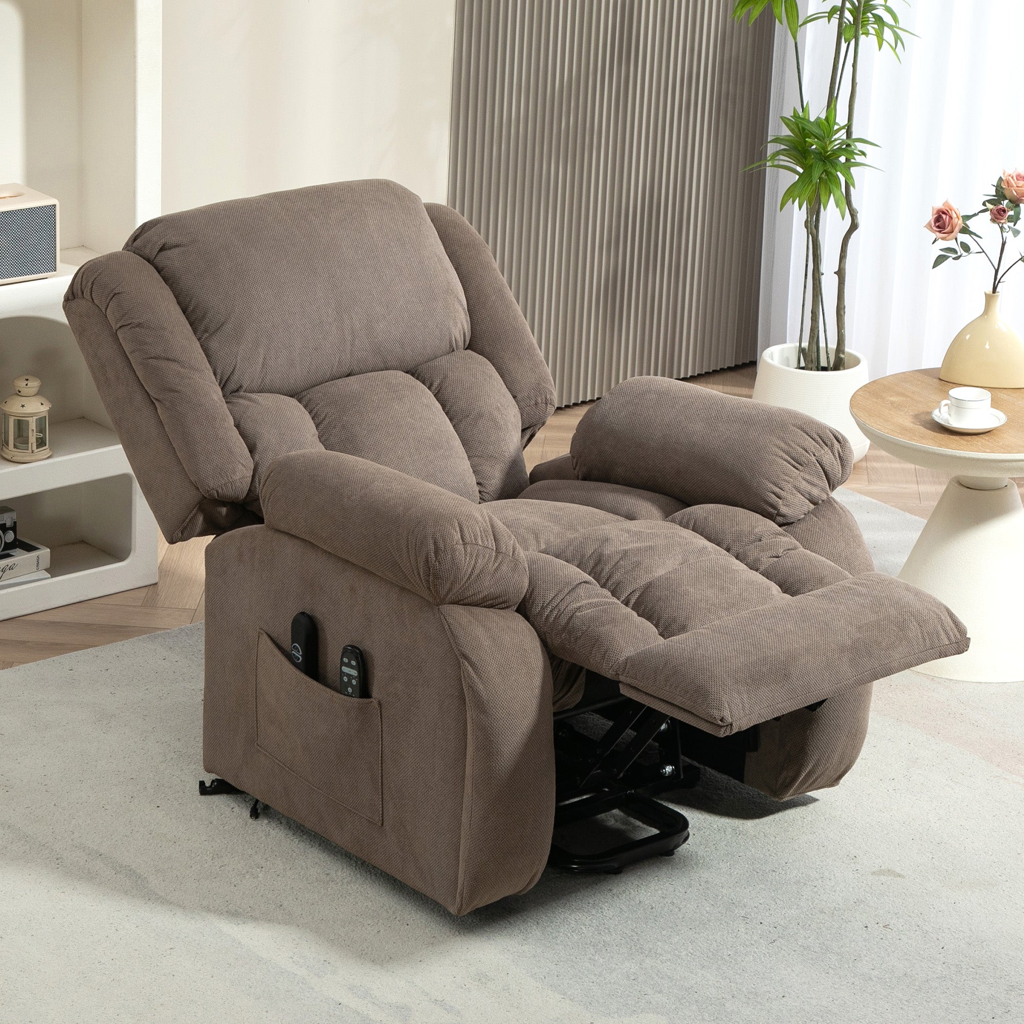Recliner Armchair Lift Chair with Vibration Massage and Heat, Velvet-feel Fabric Electric Riser Recliner Chair for Elderly with Wide Seat, USB Port, Side Pockets for Living Room, Light Brown