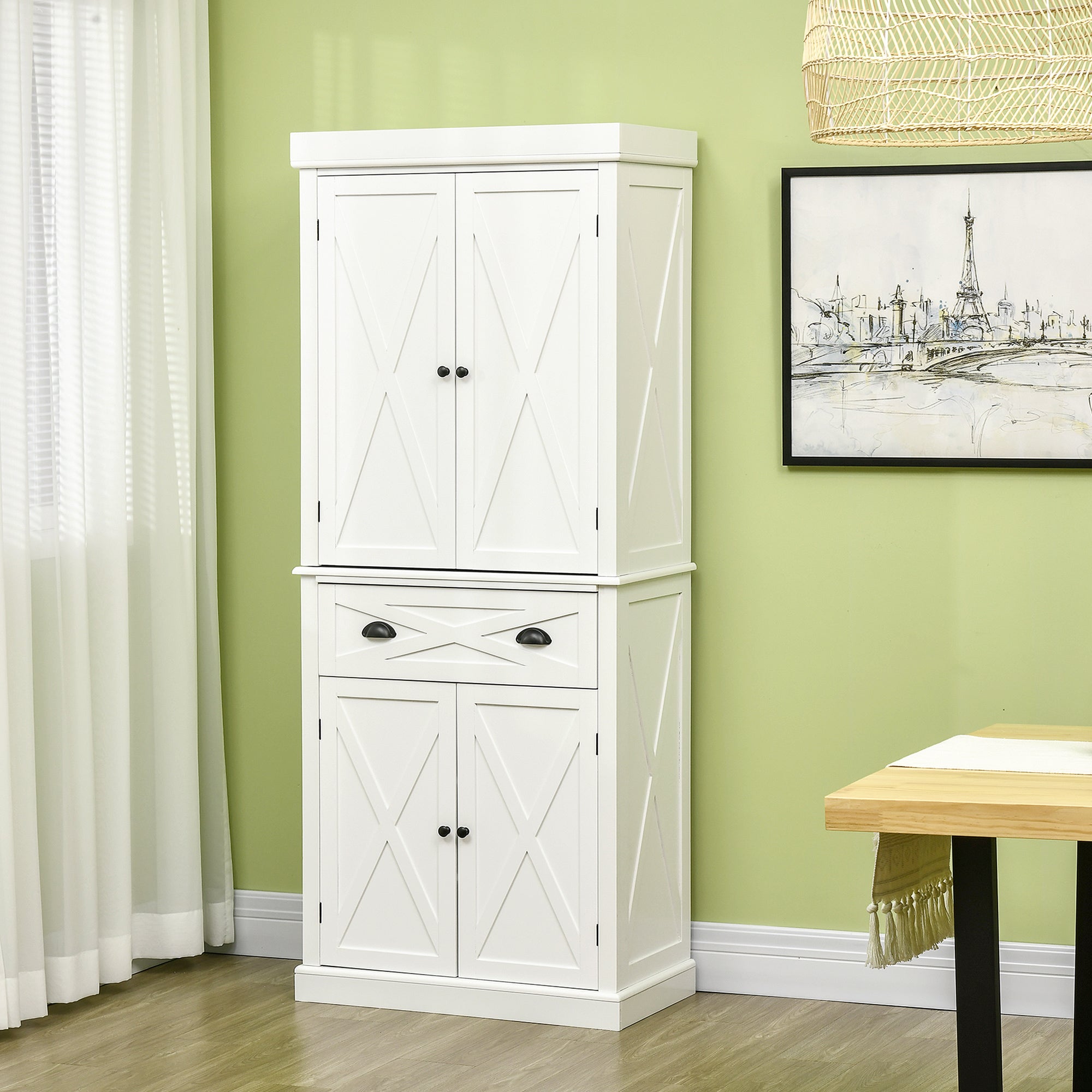 72" Kitchen Pantry Storage Cabinet Traditional Freestanding Cupboard w/ 4 Doors 2 Shelves White